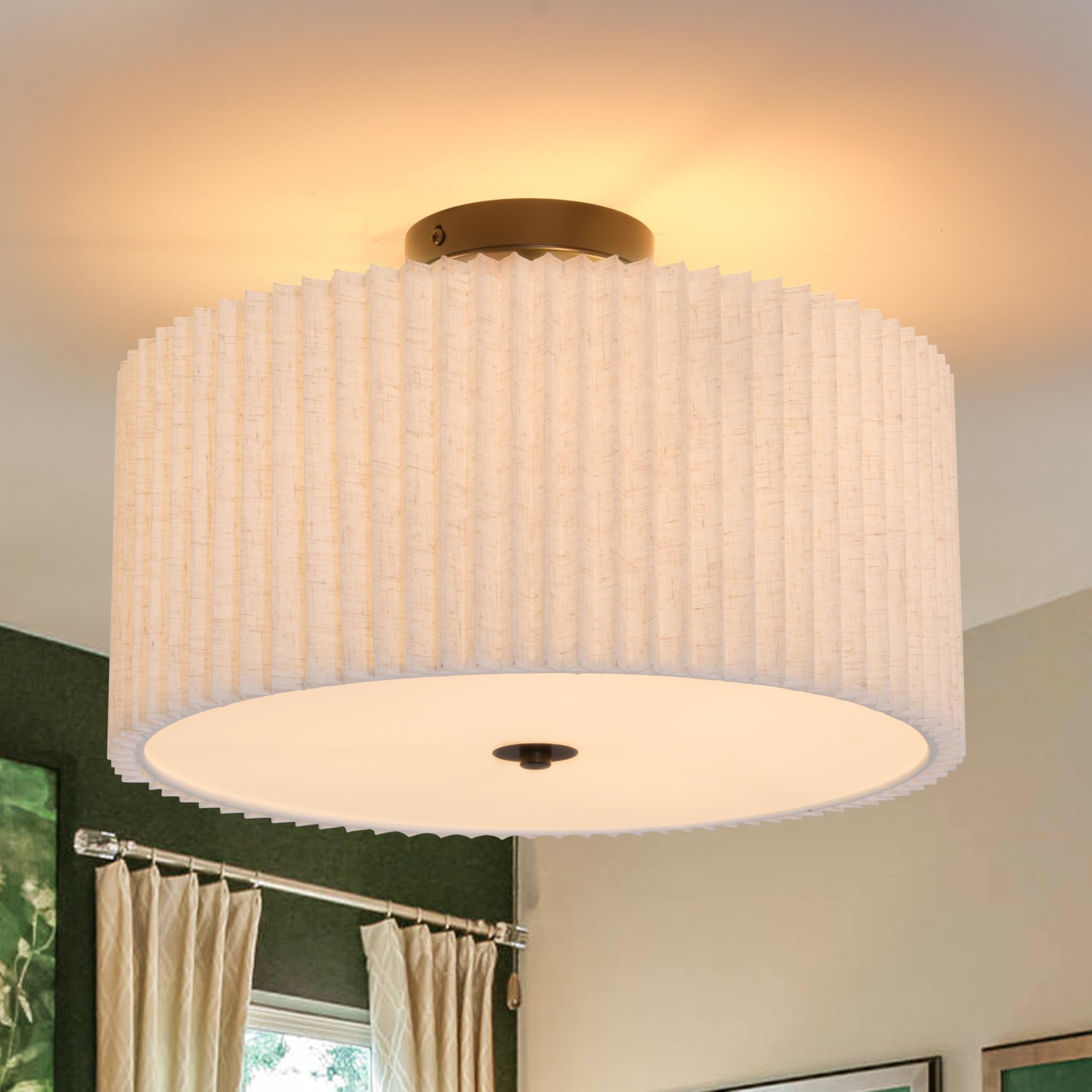 Bagood 3 Light Semi Flush Mount Ceiling Light Fixture 15.7 Inch Drum Light Fixture Drum Ceiling Light With Pleated Fabric Shade 