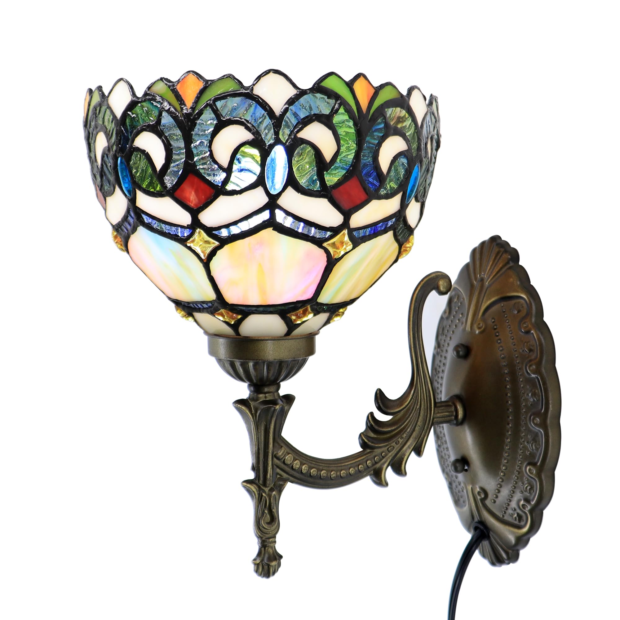 HWDFEI Tiffany Sconce Lamp Stained Glass Wall Lamp,8X10.5X11 Inch Plug in Wall Bedside Light for Hallway Bedroom (Seven Color Ba