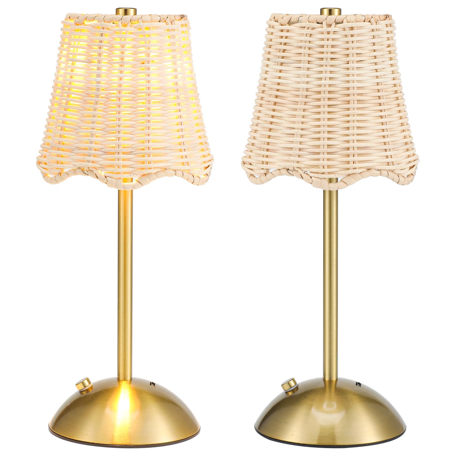 Grinsvalley 2 Pack Woven Table Lamp 12 Inch Portable Cordless Table Lamp Rechargeable Gold Bedside Light with Woven Rattan Shade