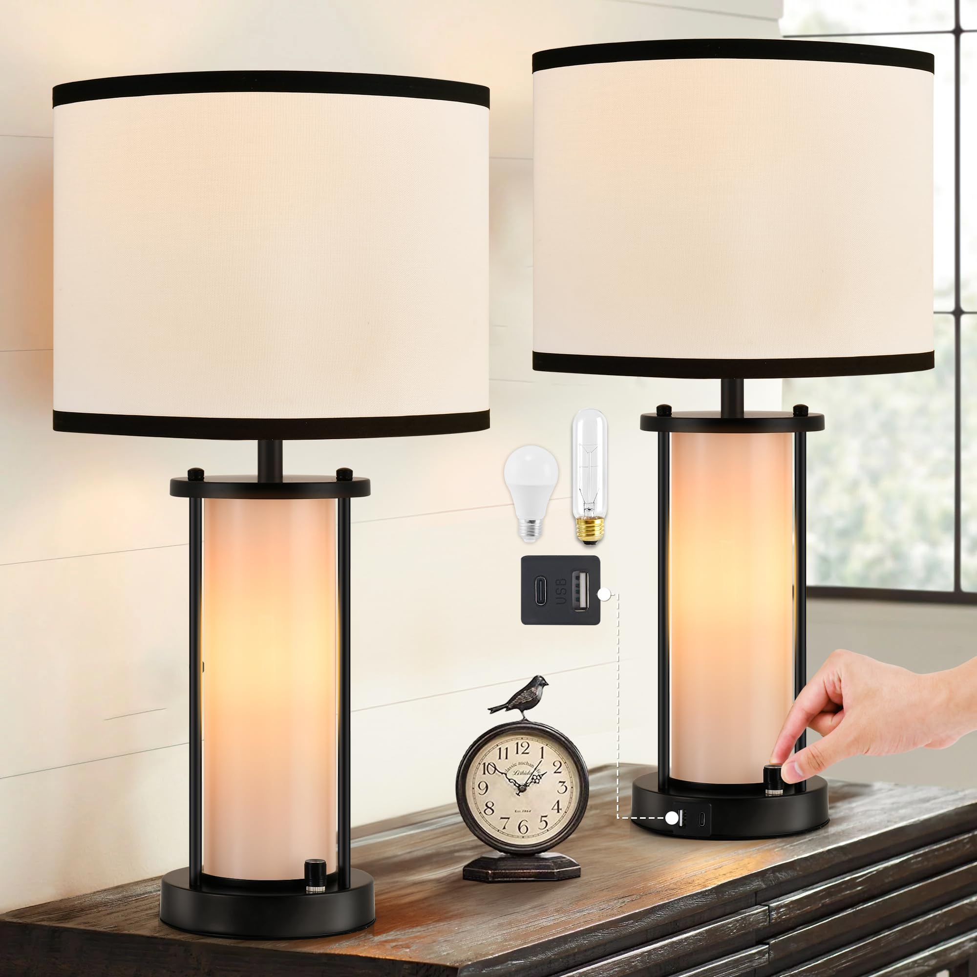 Lediary Lamps For Bedrooms Set Of 2, 20'' Farmhouse Bedside Lamps With Ac Outlet And 2 Usb Ports, Modern Nightstand Lamp With Wh