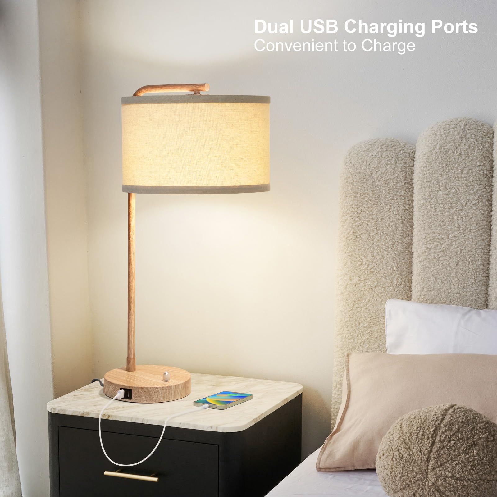 Farmhouse Table Lamp, Fully Dimmable Bedisde Lamp With Dual Usb Charging Ports, Modern Nightstand Lamp, Tall Table Lamp Desk Rea