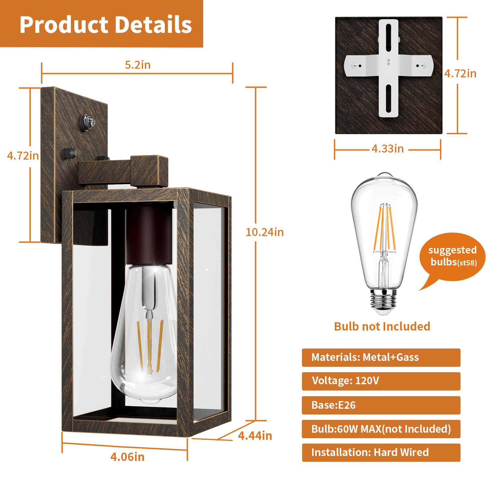 2 Pack Black Brush Gold Dusk To Dawn Exterior Lighting Fixtures Wall Mount  Sensor Outside Front Porch Lights For House  Outdoor Lantern Lamp  Wall Sconce Lights  Coach Light For Garage Entryway