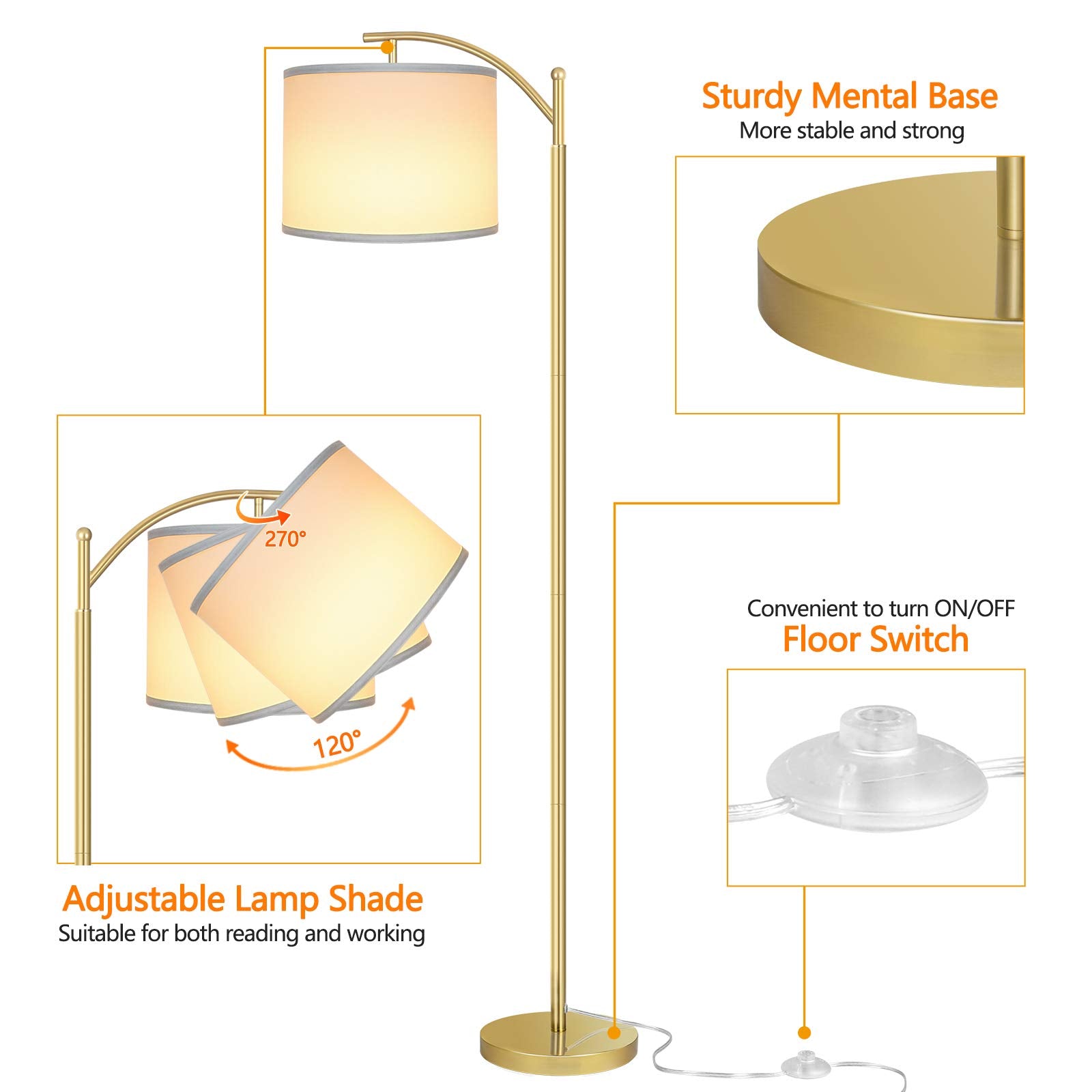 Rottogoon Gold Floor Lamp With 3Cct Led Bulb, Modern Metal Standing Lamp For Living Room & Bedrooms