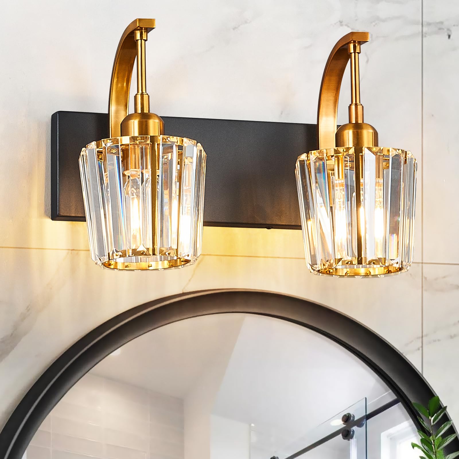 Fdpby Modern Bathroom Vanity Light  2-Light Black Gold Wall Sconce With Crystal Accents  Over Mirror Bathroom Lighting Fixture  13.77 Long Dimmable Vanity Lamp For Makeup  Easy Installation