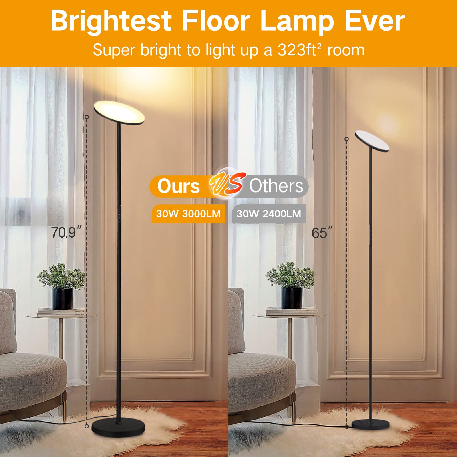 OUTON LED Floor Lamp, 30W/3000LM, Dimmable, 4 Color Temperatures, Remote Control, Black