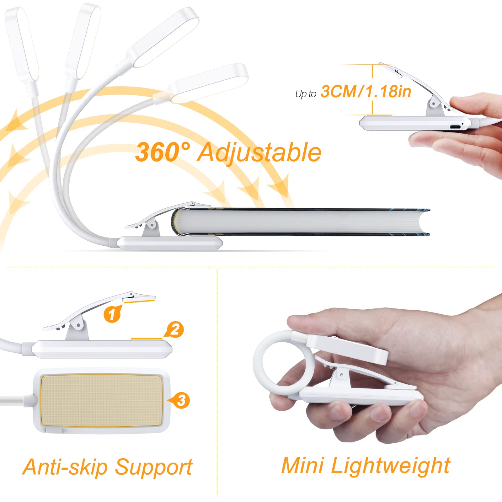Gritin 16 Led Rechargeable Book Light - 3 Color Temperatures, Stepless Dimming, Lightweight, White
