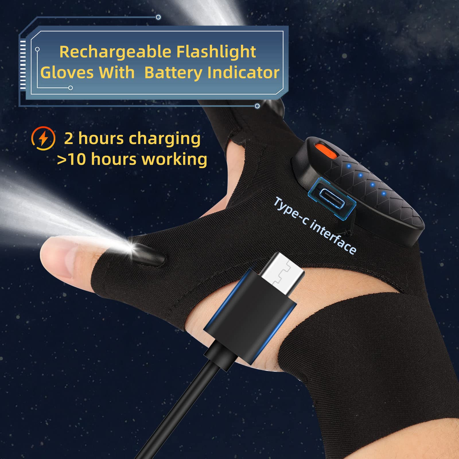 Apicey Rechargeable LED Flashlight Gloves for Fishing Camping - One Size - Black - Model APREFG001