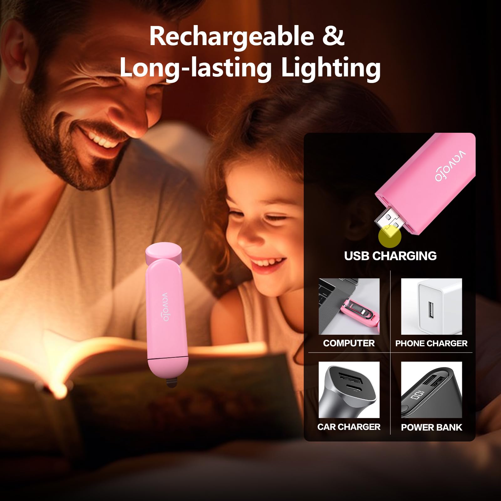 Vavofo Usb Rechargeable Book Light, Blue Light Blocking, Amber Light Clip On Bookmark Shaped Reading Light, Eye Care 6 Leds Book Light For Bookworms Reading In Bed (Pink)