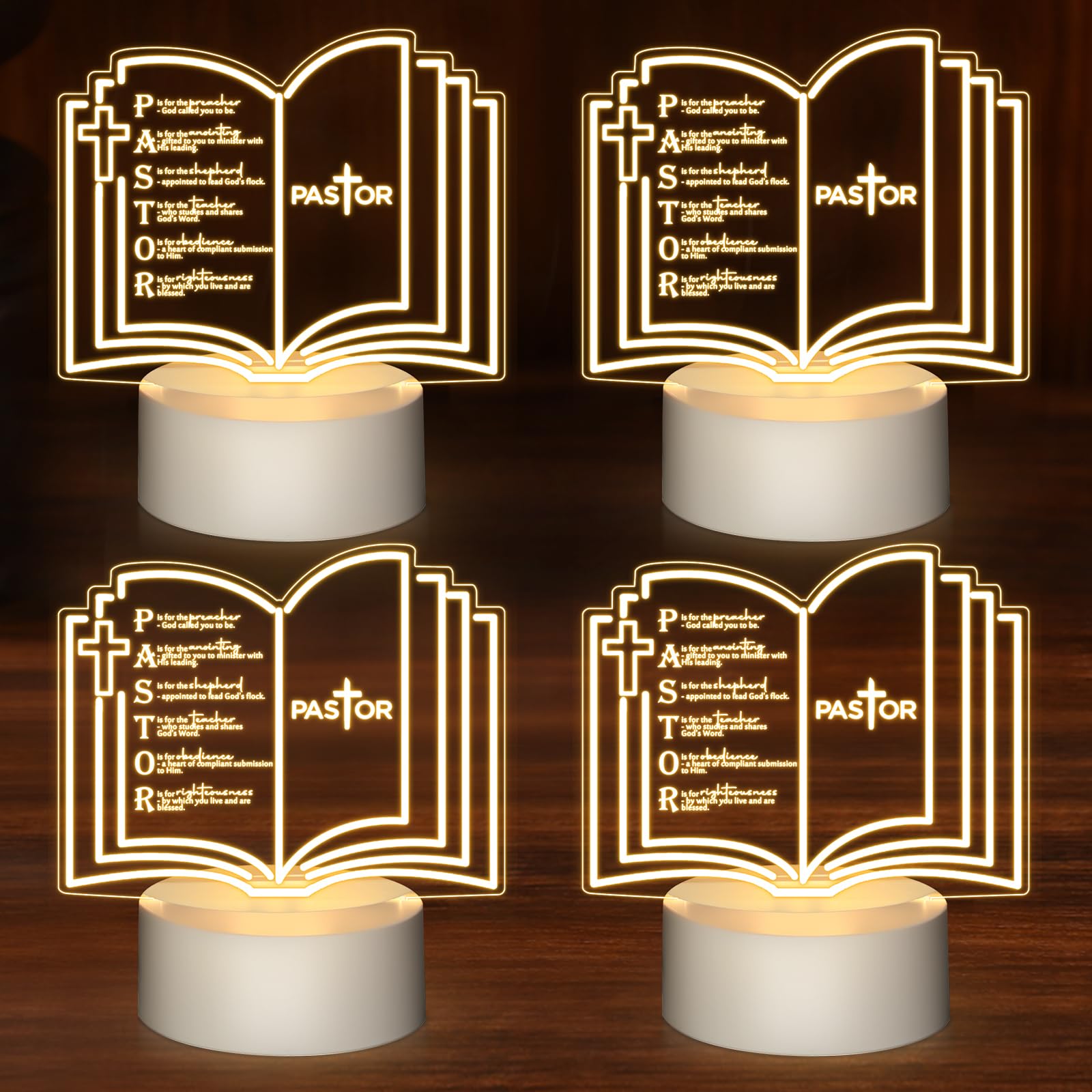 Kosiz 4 Pcs Pastor Appreciation Gift Led Night Light Christmas Christian Gifts Engraved Thank Clergy Sayings Acrylic Lamp With Base Religious Decor Men Women Clergy Staff Retirement (Stylish Pastor)