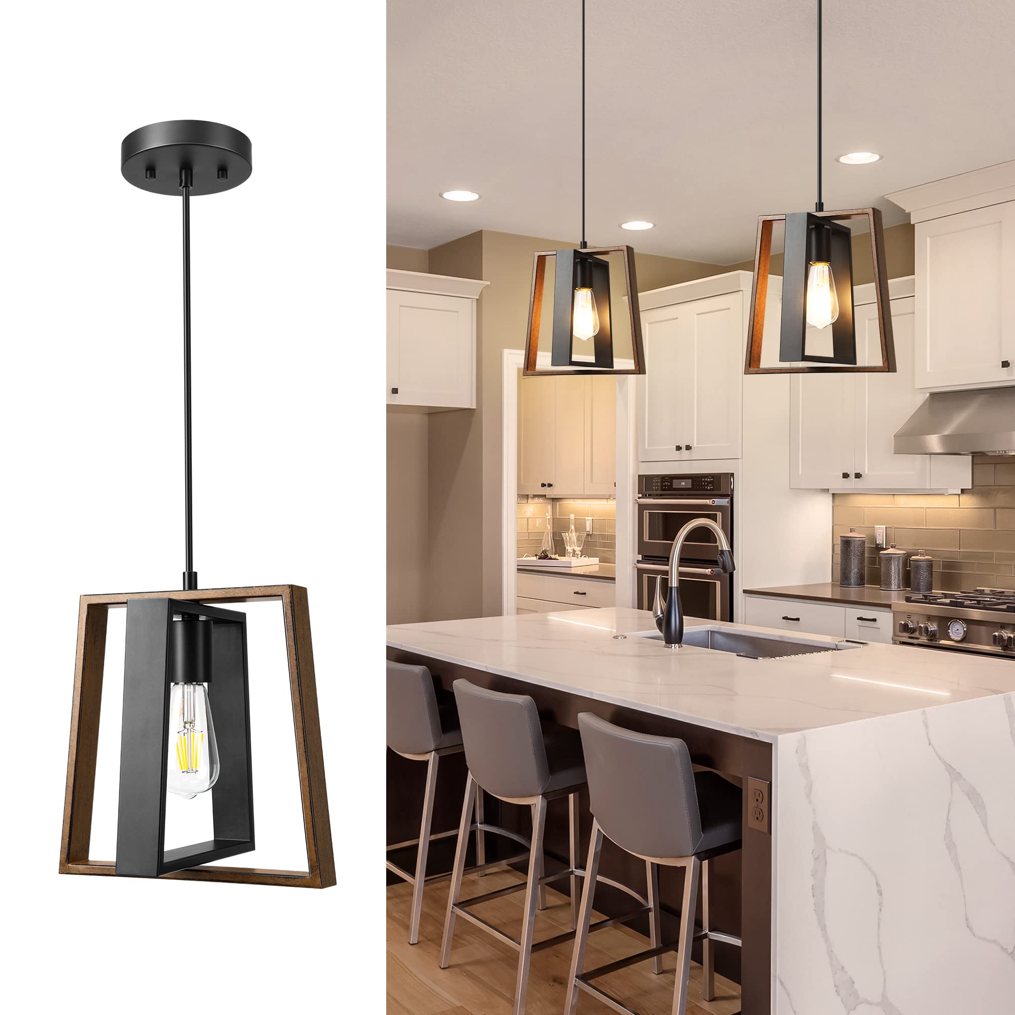 EDISHINE Island Lights for Kitchen, Black Kitchen Island Lighting with Wood Grain Finish, Adjustable Farmhouse Pendant Lights fo