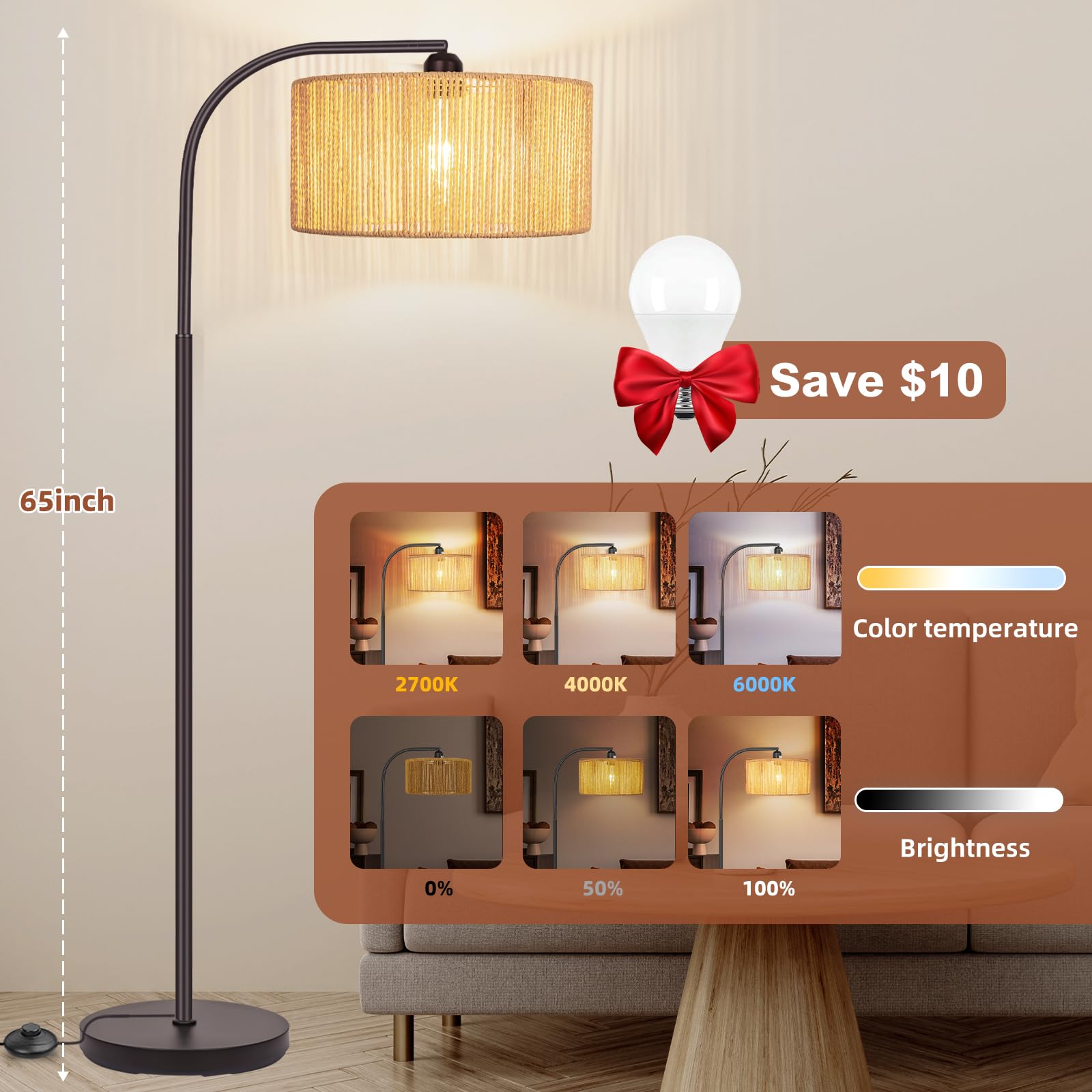 Brilvibera Boho Floor Lamp With Dimmable Bulb Nartual Rattan Adjustable Lampshade, Bronze Rustic Farmhouse Floor Lamps For Living Room, Bedroom, Office, Classroom