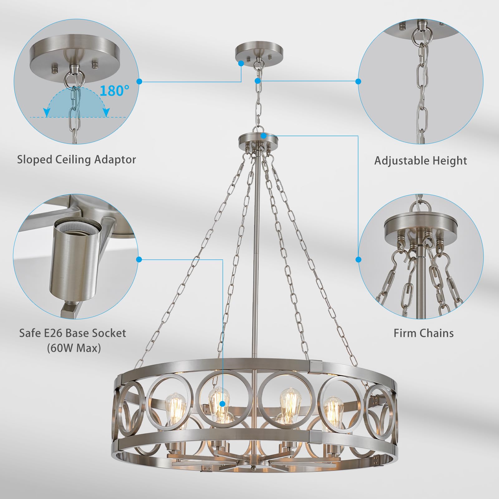 XINGQI 32.3" Large Brushed Nickel Drum Chandelier, 8-Light Modern Pendant Lighting for Dining Room, Living Room, Kitchen Island