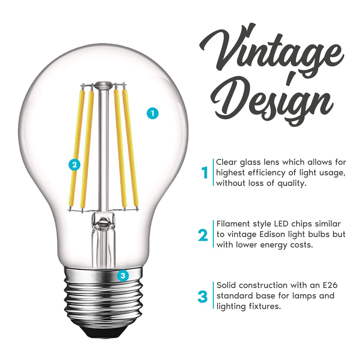 LUXRITE Vintage A19 LED Light Bulbs 60W Equivalent 5000K Bright White Dimmable 8W E26 Base 4 Pack