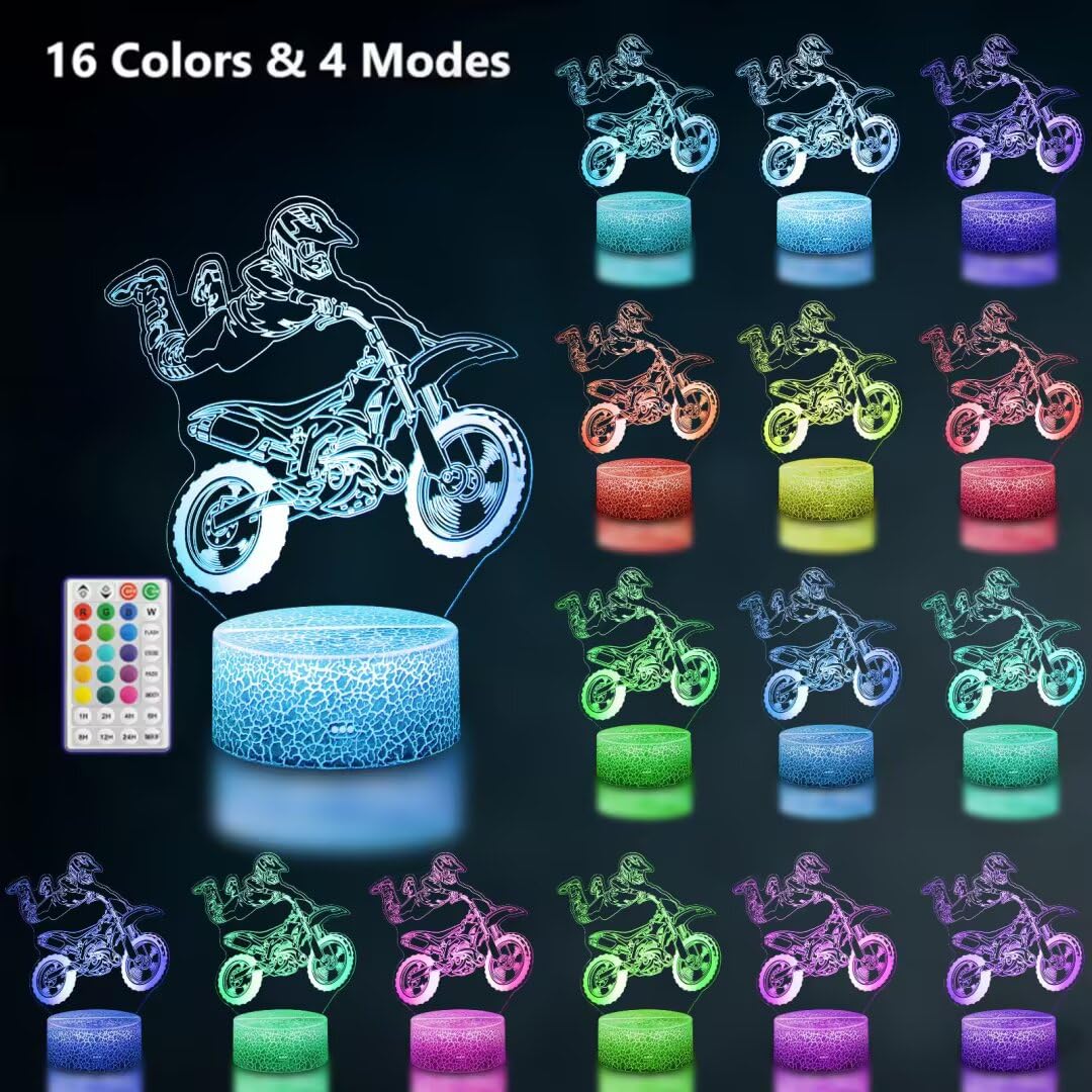 Yzddsi 3D Motorcycle Night Light for Kids - 16 Colors with Remote & Timer, Touch Control, USB or Battery Powered - Cool Motorbik