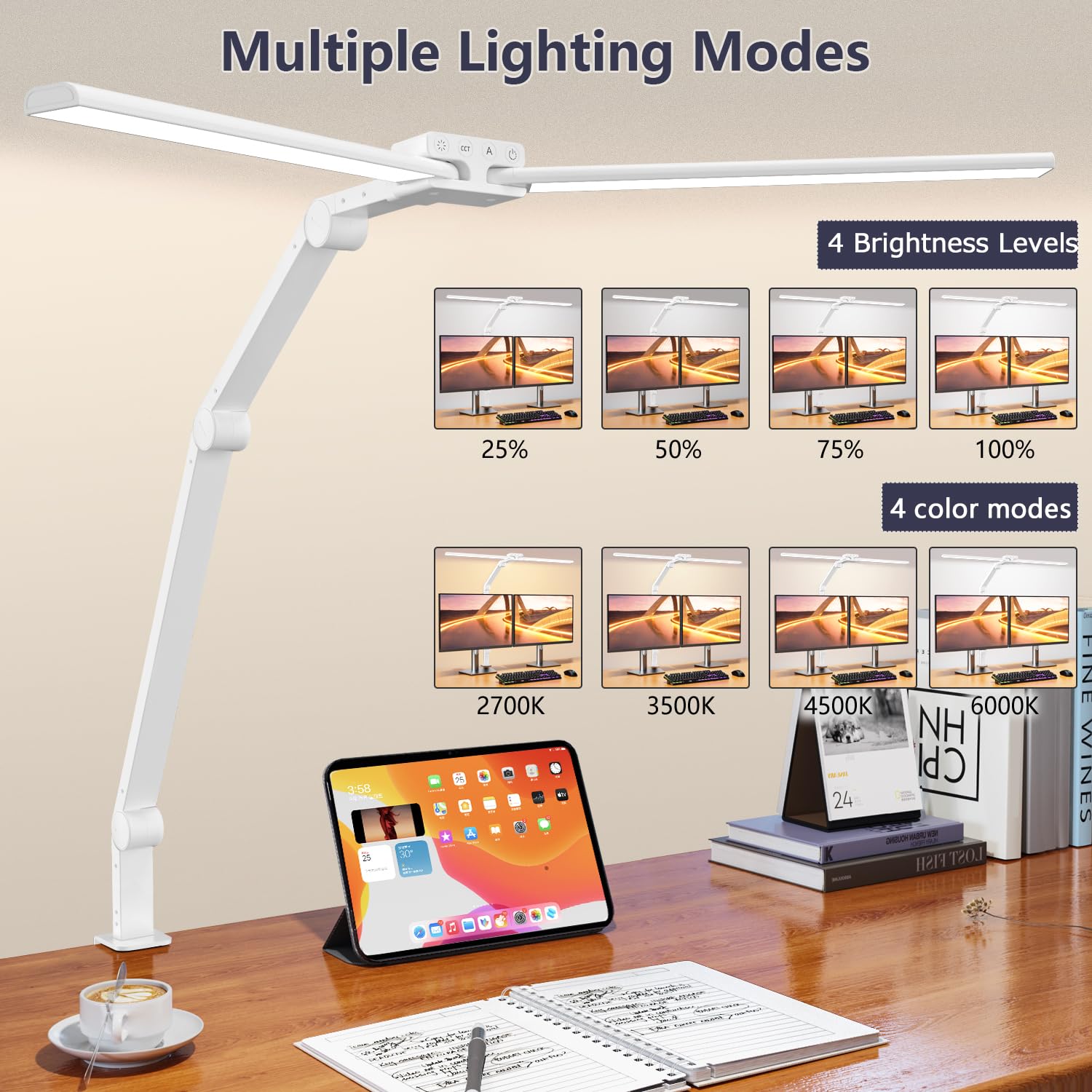 Kablerika Desk Lamp,Double Head Desk Lamp With Clamp,24W Led Desk Lights For Home Office Ultra Bright Architect Table Lamp 4 Bri