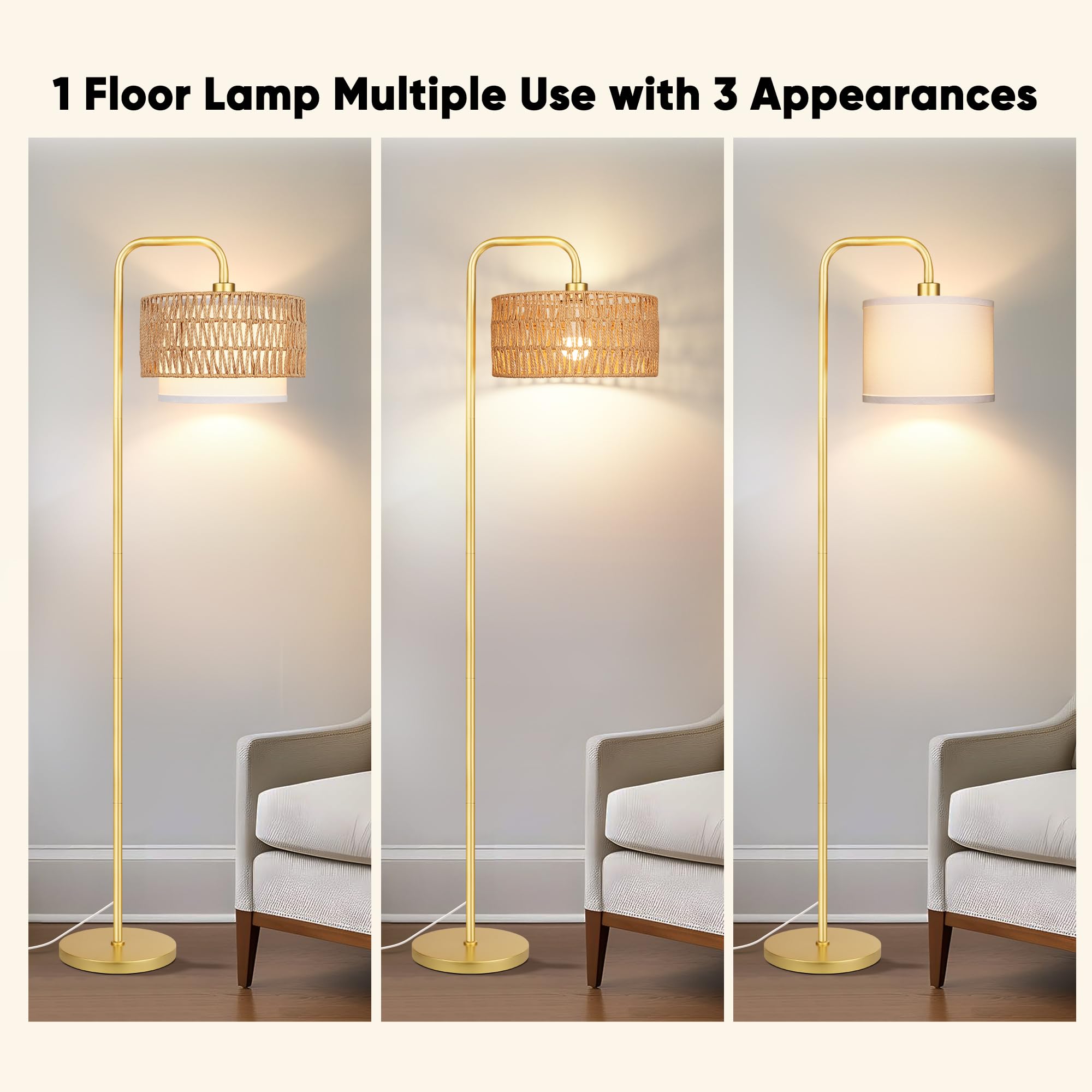 Partphoner Gold Floor Lamp, Dimmable Remote, Boho Rattan & Fabric Shades, 3 Color Temperatures