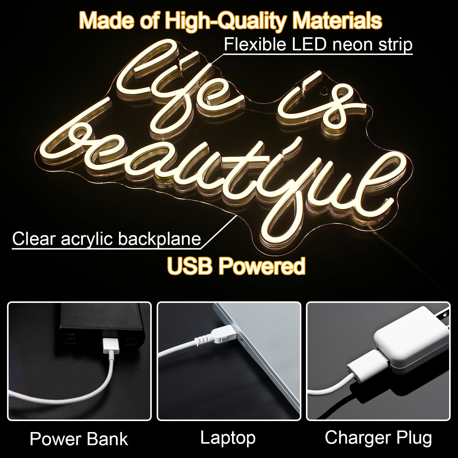 Horseneon Neon Sign - Life is Beautiful Wall Decor, USB Powered, Acrylic, Warm White