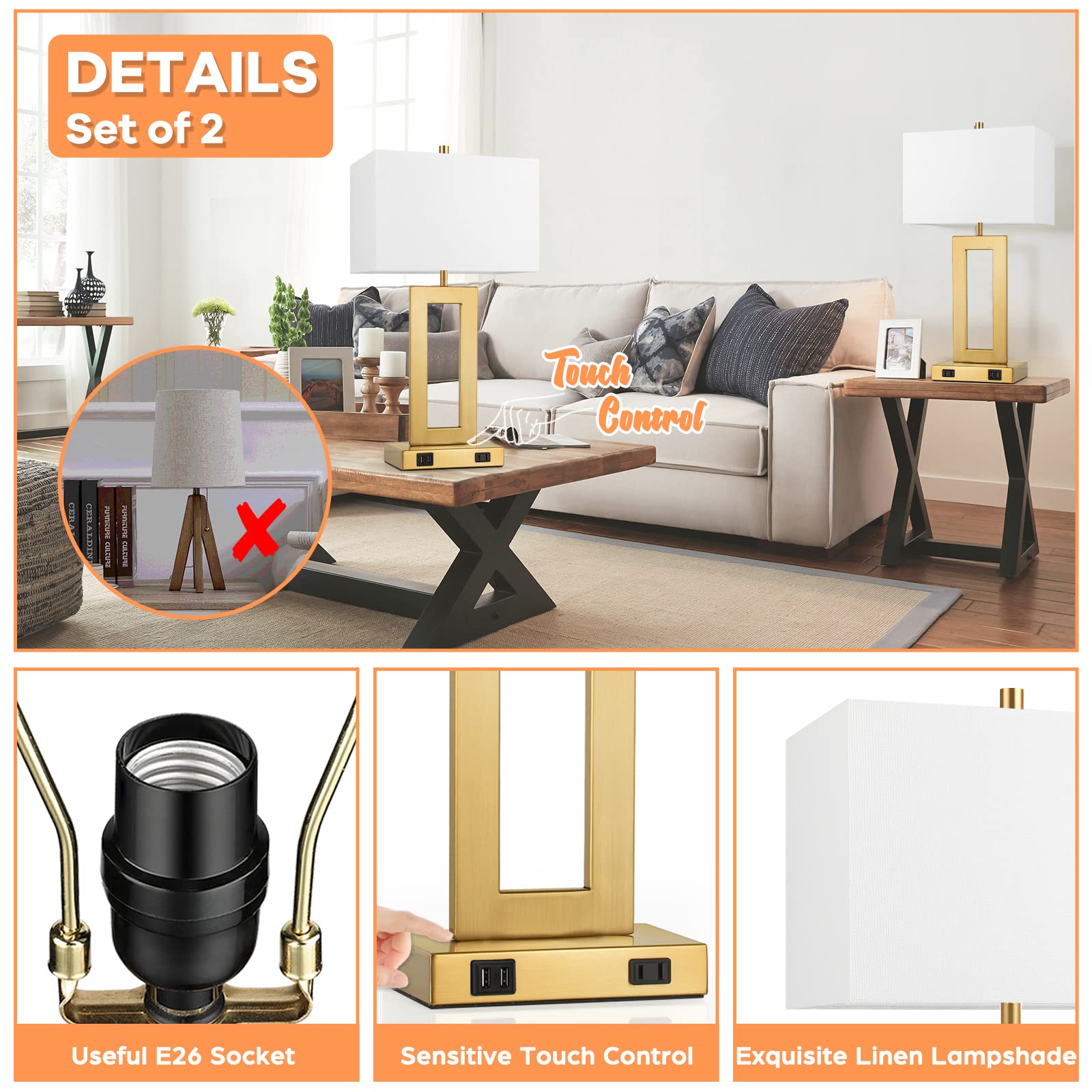 TOBUSA 22" Gold Table Lamps Set of 2 with USB, Touch Control, 3-Way Dimming, E26 Bulbs, Vintage Modern Design for Bedrooms and Living Rooms