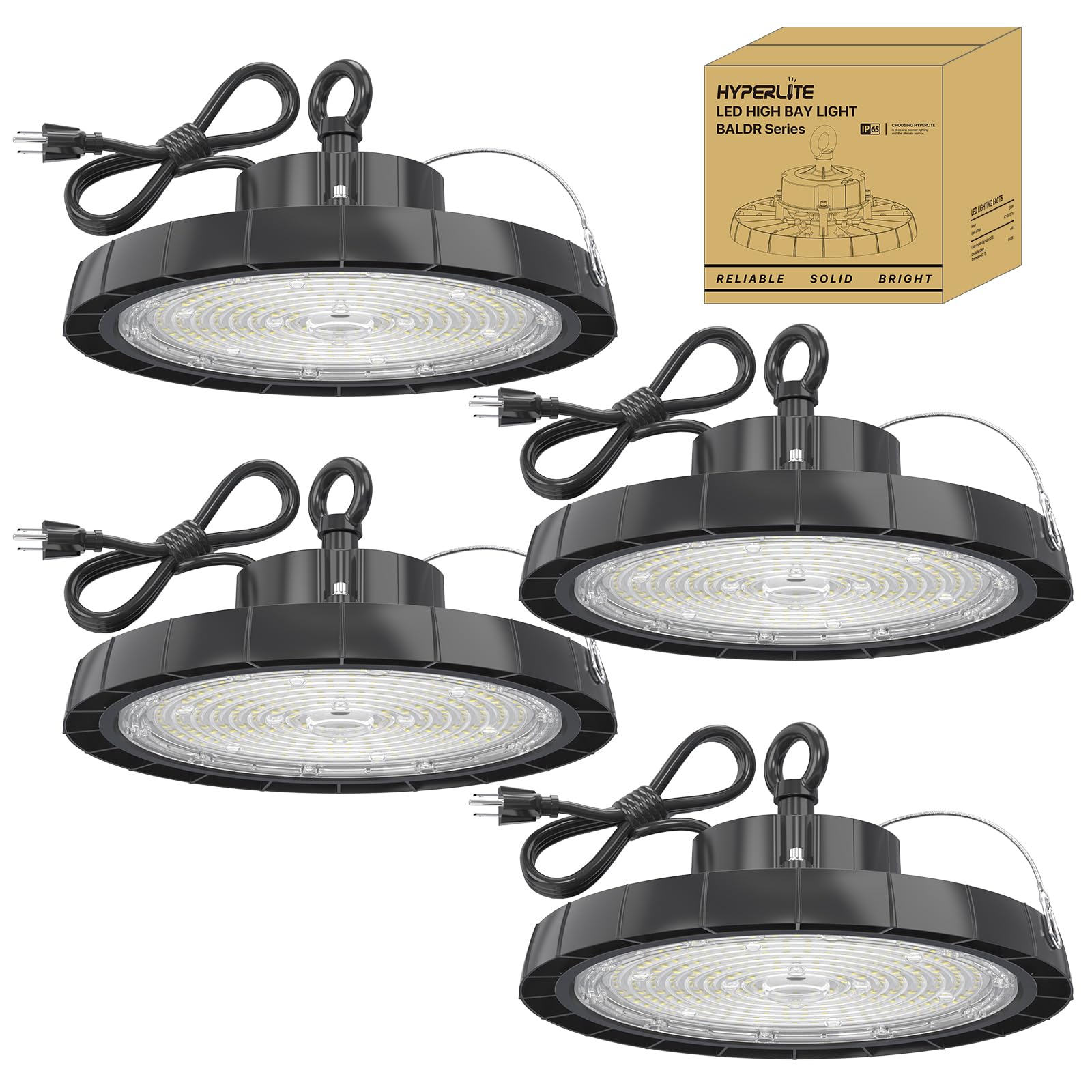 HYPERLITE UFO High Bay Lights: 200W 5000K LED Shop Lights 28000LM 4 Packs AC100-277V 5 Cable with Plug - UFO LED Light for Warehouse Basement Factory Barn