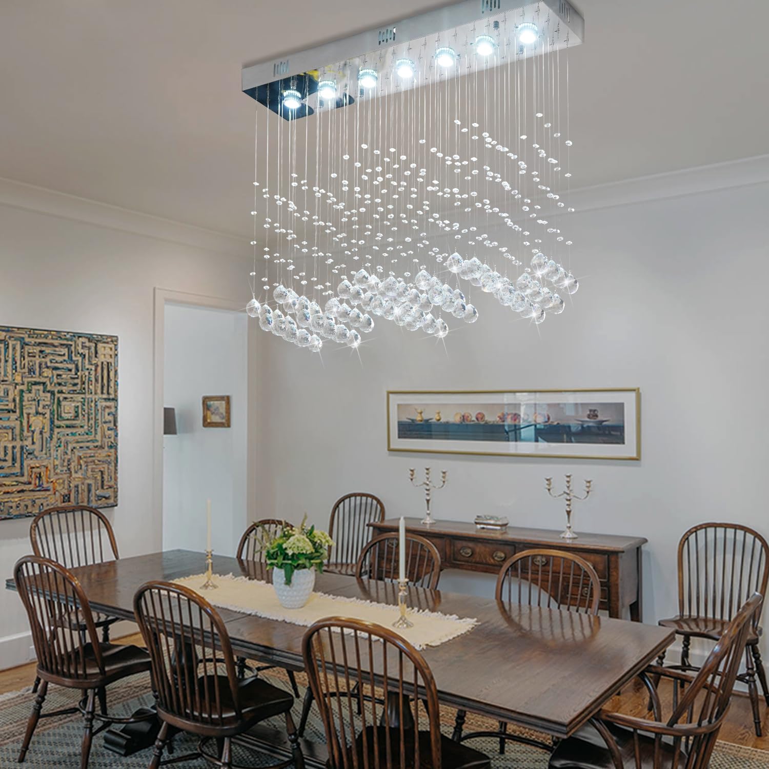 Crystop Contemporary Rectangular Chandelier, 7-Light Raindrop Pendant, 23.6X9.8X27.6, Silver, Crystal Ceiling Light For Dining Room/Kitchen