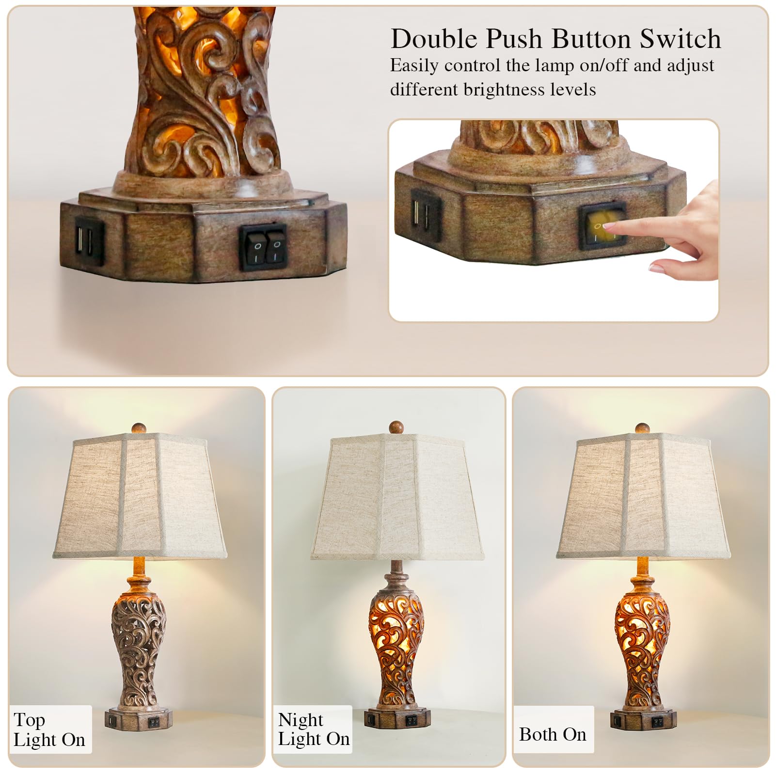 Set Of 2 Rustic Table Lamps For Living Room Bedroom, 2 Usb Ports 25'' Vintage Farmhouse Desk Lamp With Nightlight, Brown Hollow