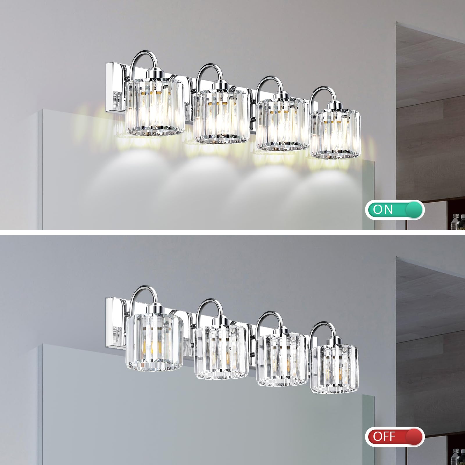 Valytime Chrome Bathroom Light - 4 Lights, Crystal Finish, Perfect For Over Mirror Vanity