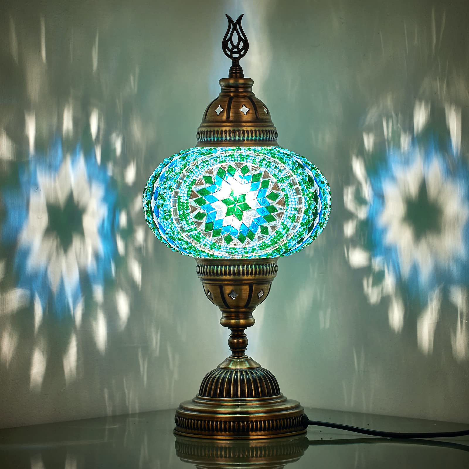 DEMMEX 7'' Large Globe Turkish Moroccan Mosaic Table Lamp - Handmade Tiffany-Style Glass Lampshade, Colorful Desk Bedside Light,