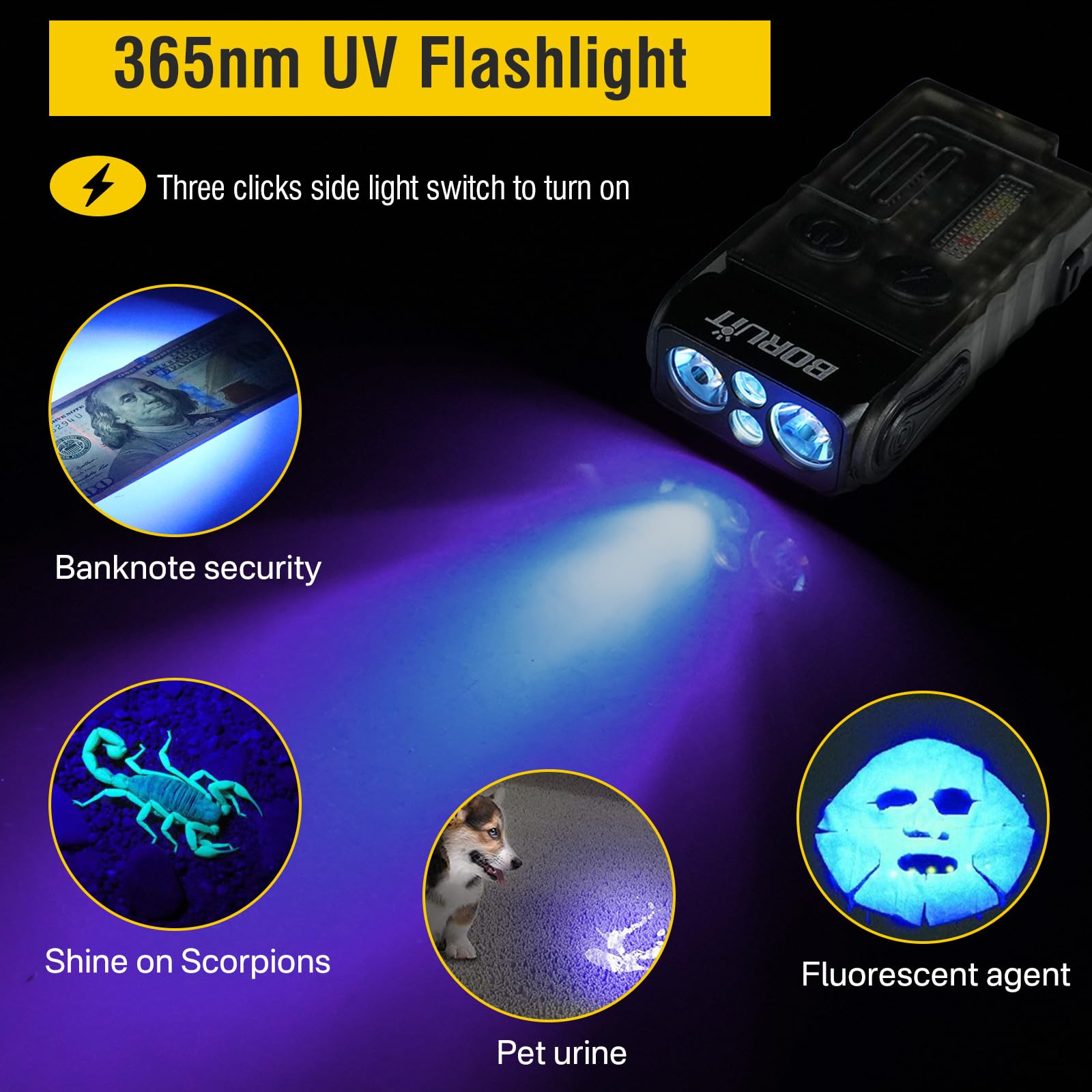 BORUIT V20 Mini Keychain Flashlight 1000LM, 365nm UV, Red/Blue/Green Light, 180° Swivels, Rechargeable, Black