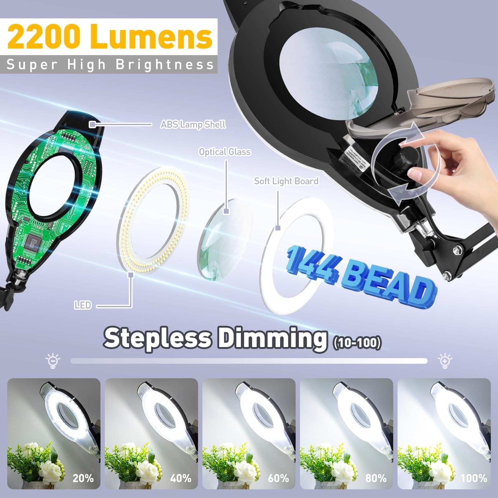NUEYiO 10X Magnifying Glass Floor Lamp, 2200 Lumens Dimmable, Black, 5 Wheels Rolling Base, Ideal for Estheticians and Crafts
