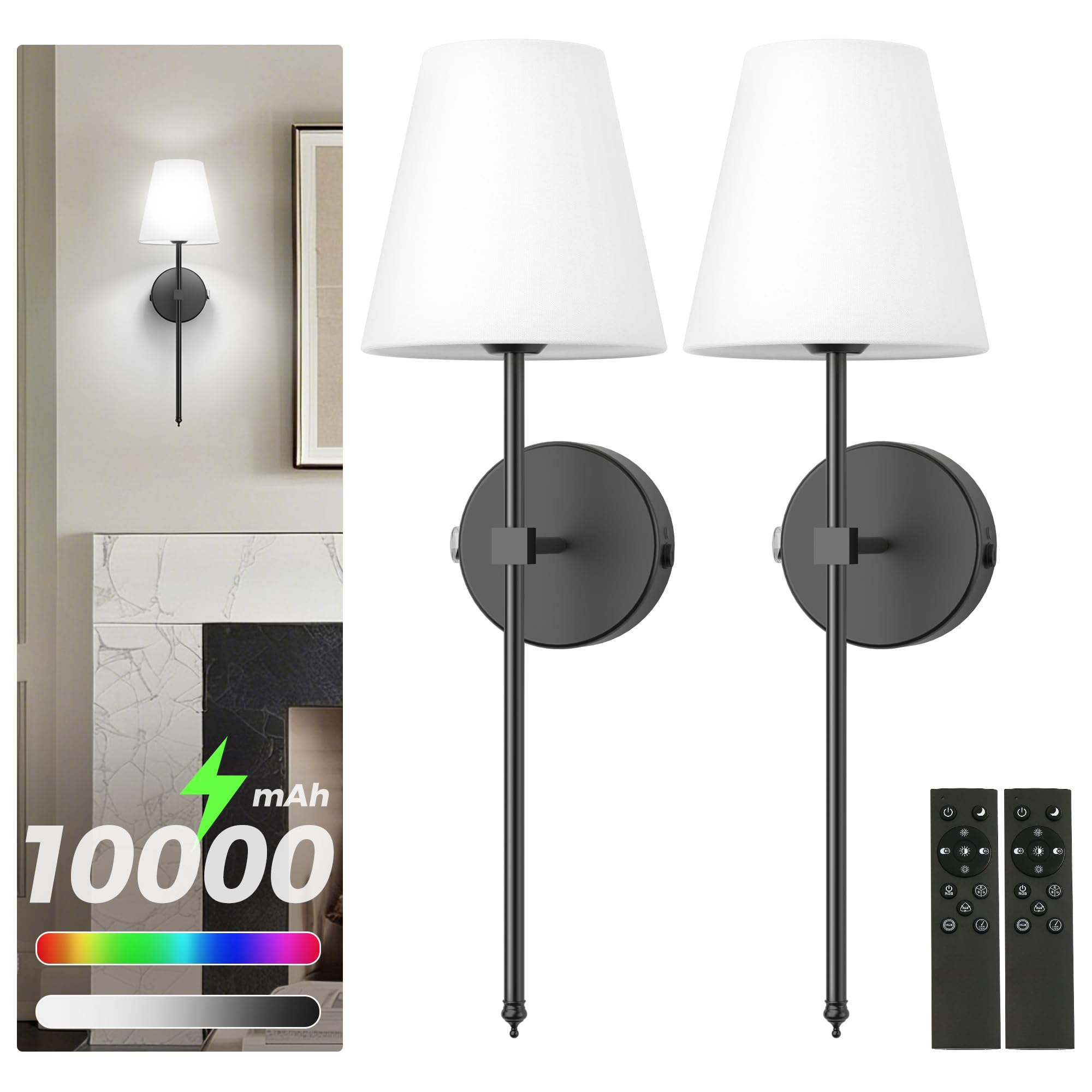 DORESshop Battery Operated Wall Sconce Set of Two, Rechargeable 10000mAh, Dimmable, 25 Inch, Black Metal