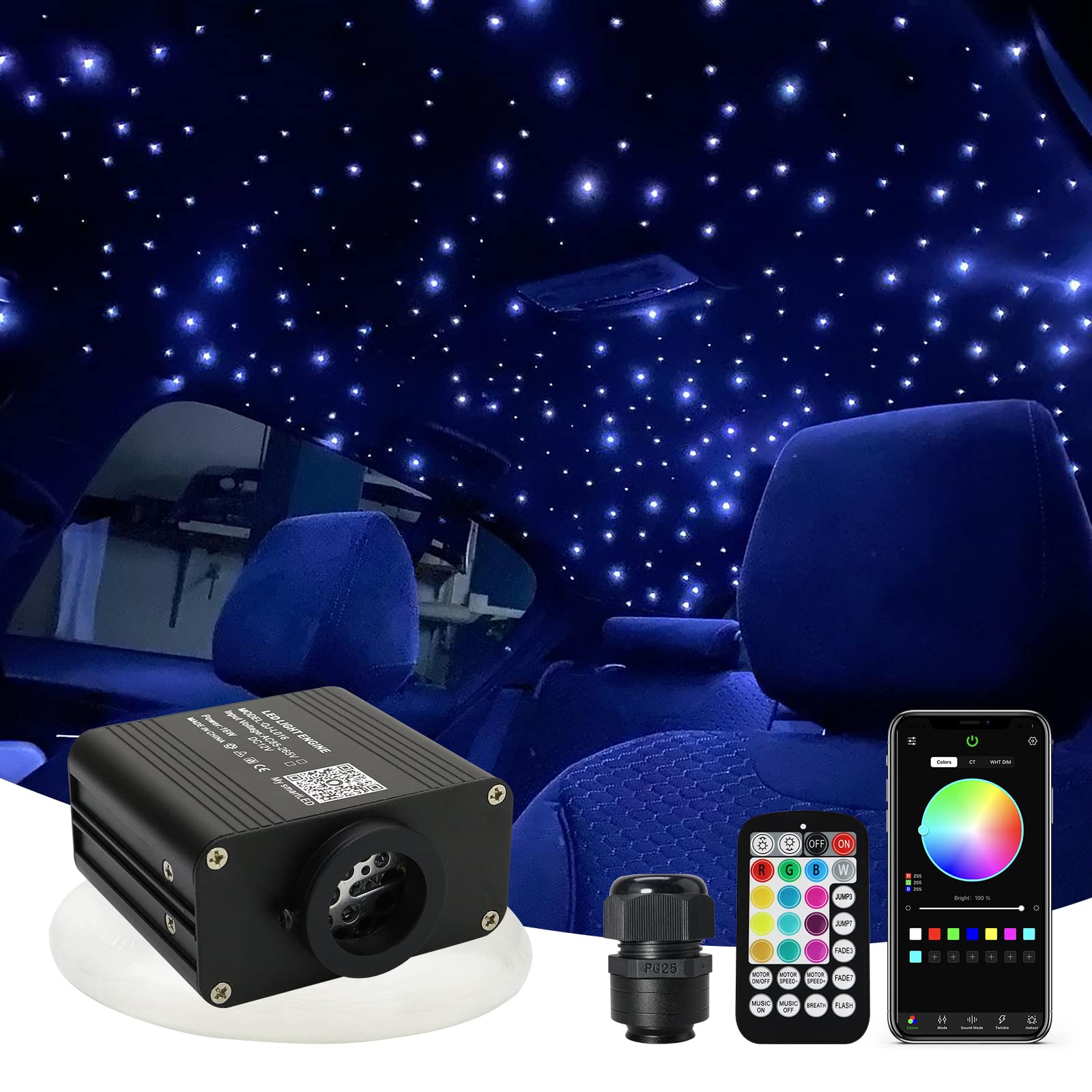 Upgraded AMKI 16W RGBW Fiber Optic Lights Kit Twinkle + Music Mode 200pcs Cables APP Remote Sound Control Car Home Starlight Hea