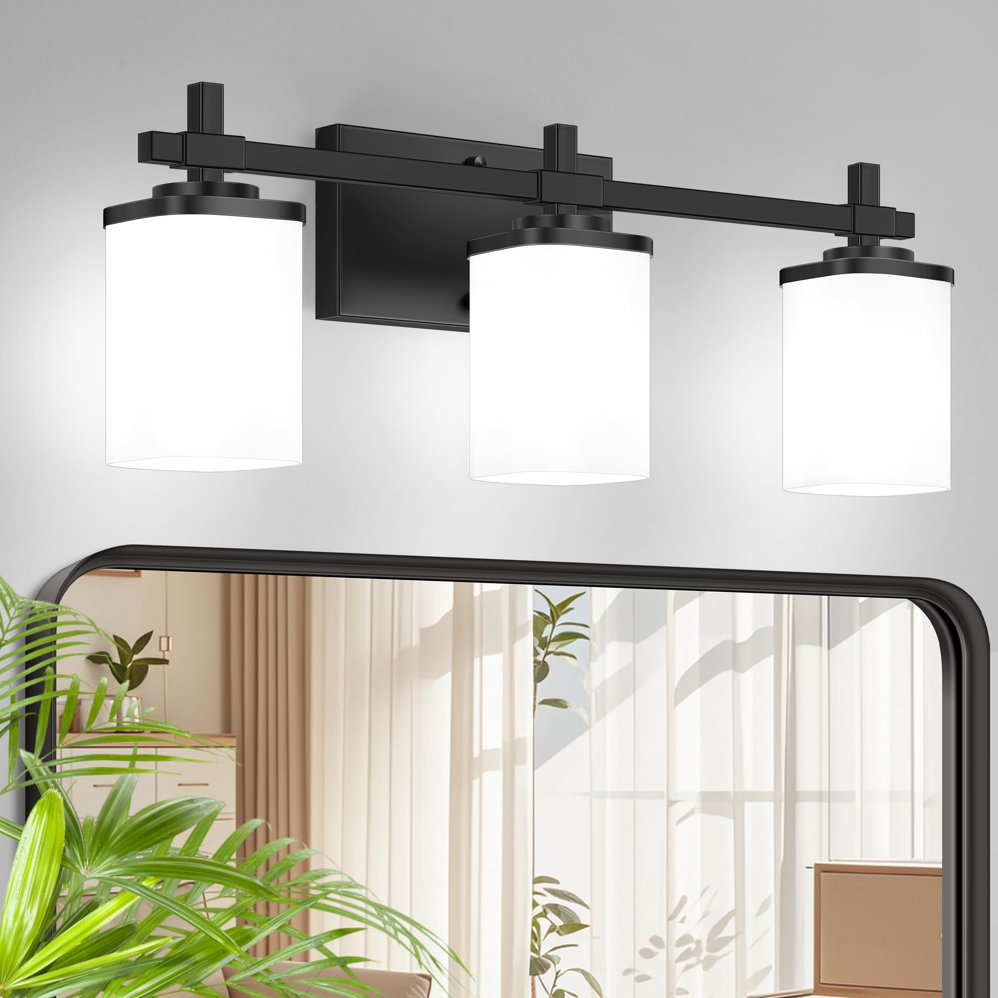 Spiglamm 3-Lights Black Vanity Lights for Bathroom with White Square Frosted Glass Shades  Modern Eye-Friendly Bathroom Light Fixtures Over Mirror  Bath Wall Lighting for Bedroom Living Room Cabinet