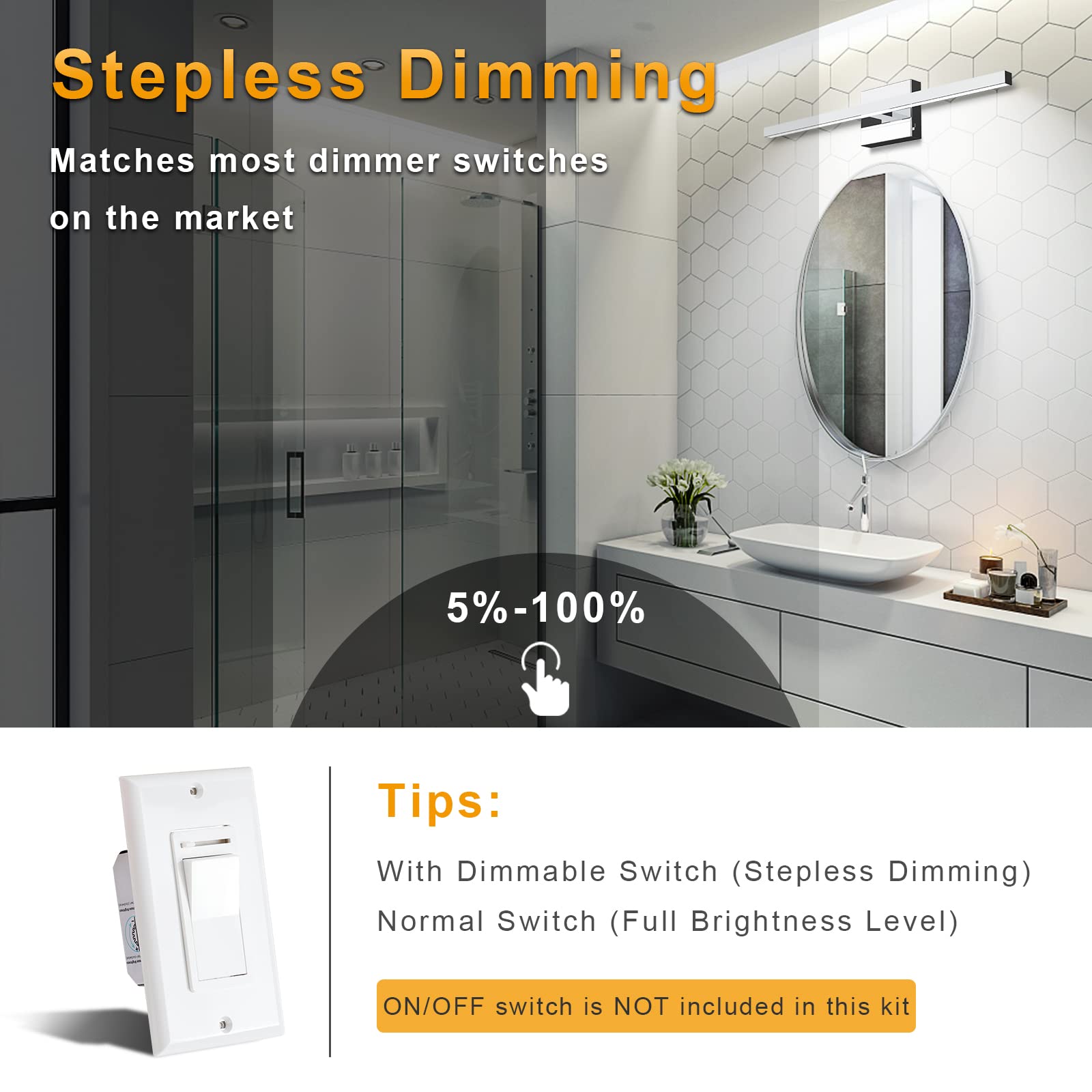 Niorsun 23.6 Inch Chrome Bathroom Vanity Light,14W 5Cct Dimmable Led Bathroom Lighting Fixtures Over Mirror, Modern Vanity Light