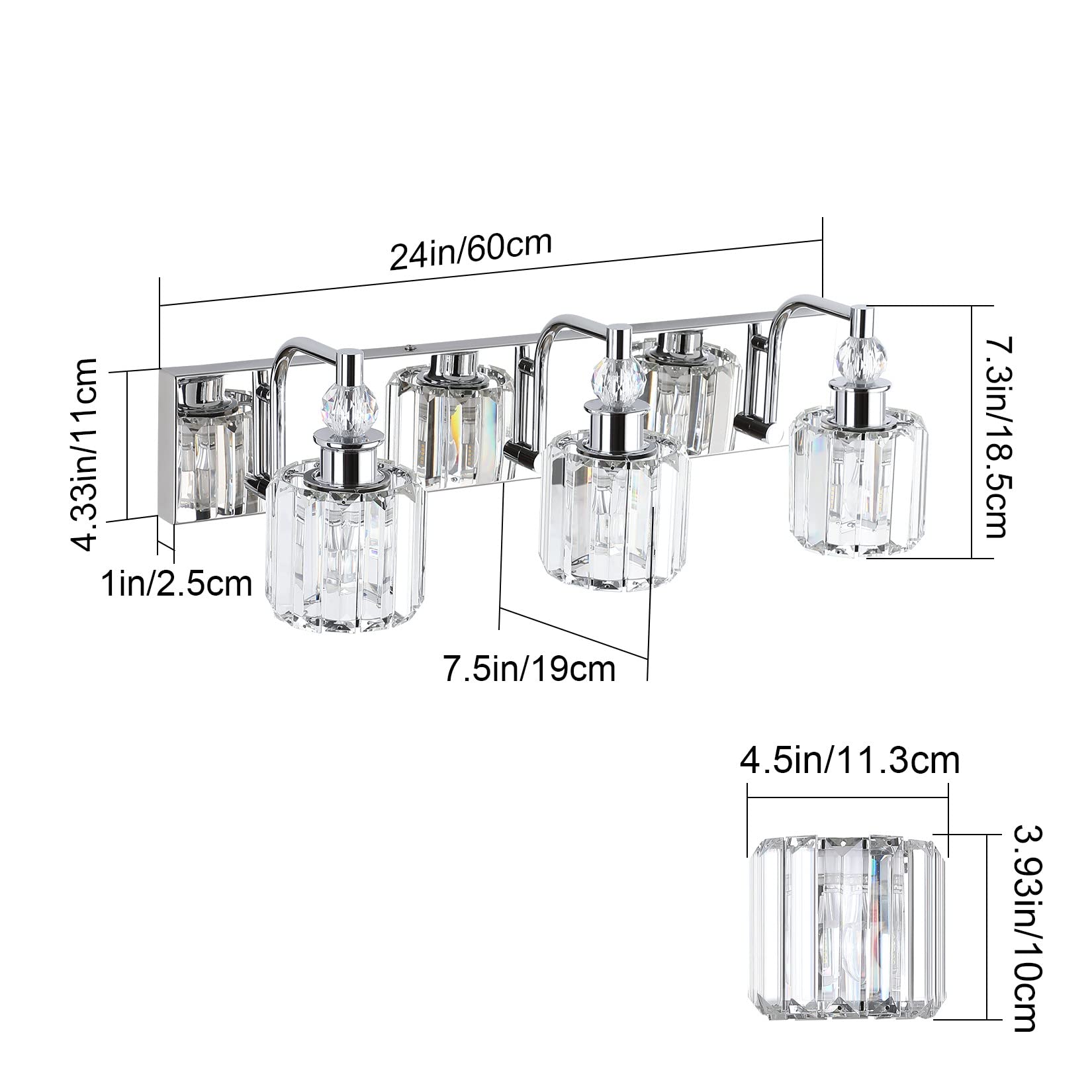 Ralbay 3-Light Crystal Vanity Light Fixtures, 24 Chrome Stainless Steel, Model 8605 For Modern Bathroom Wall Lighting
