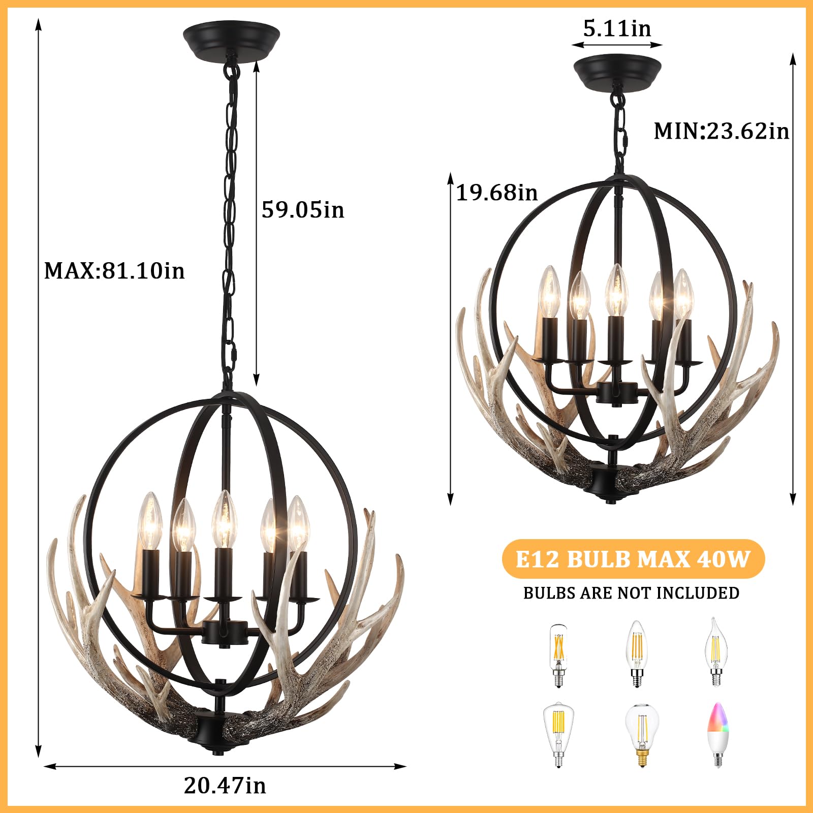 Puming 5-Light Black Chandelier For Dining Room 20'' Antler Farmhouse Chandeliers Rustic Vintage Pendant Light Fixture With 4 Re