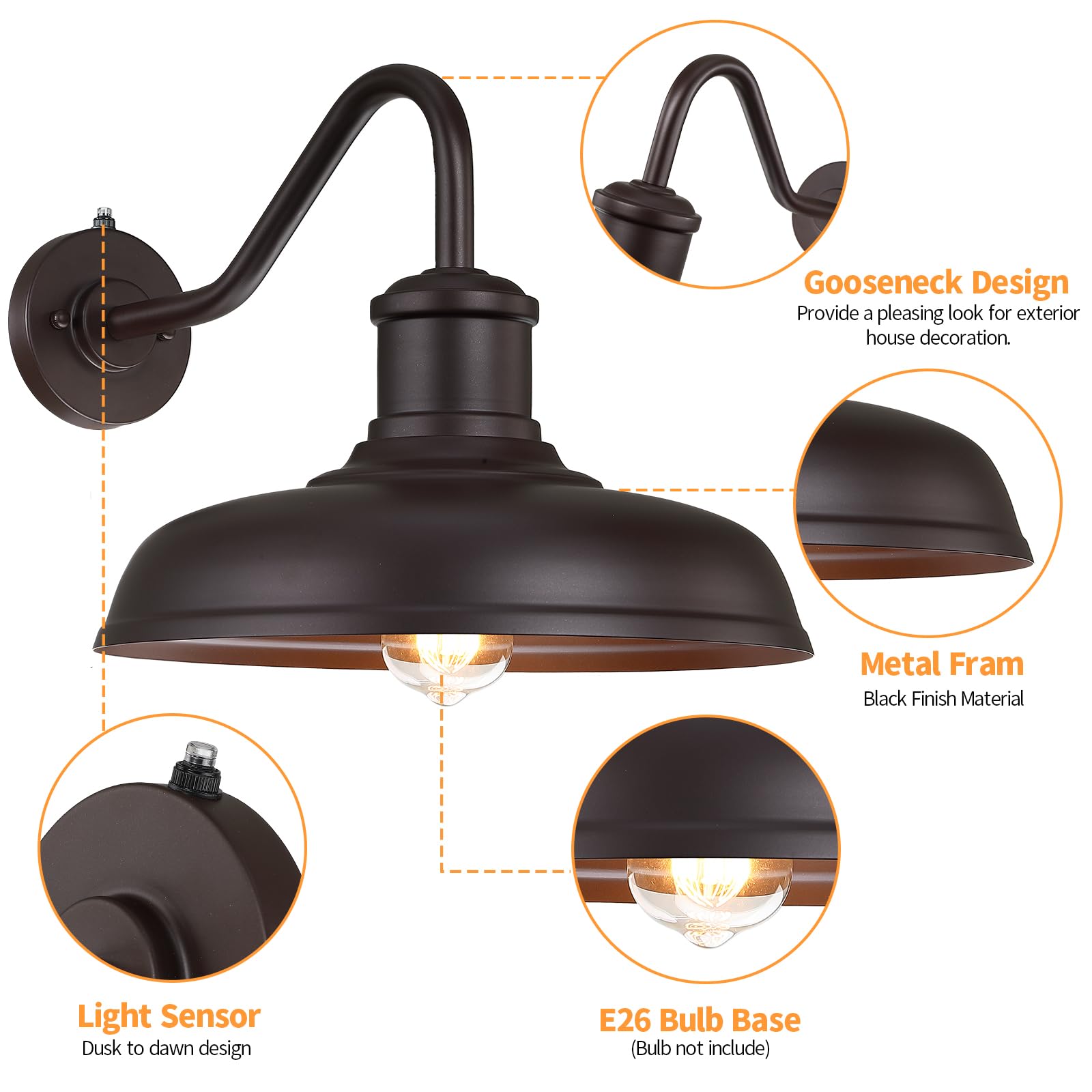 MYHXQ Gooseneck Barn Light 2-Pack, 13.8'' Brown Metal Outdoor Sconce with Sensor, Industrial Fixture for Porch, Entryway, Garage