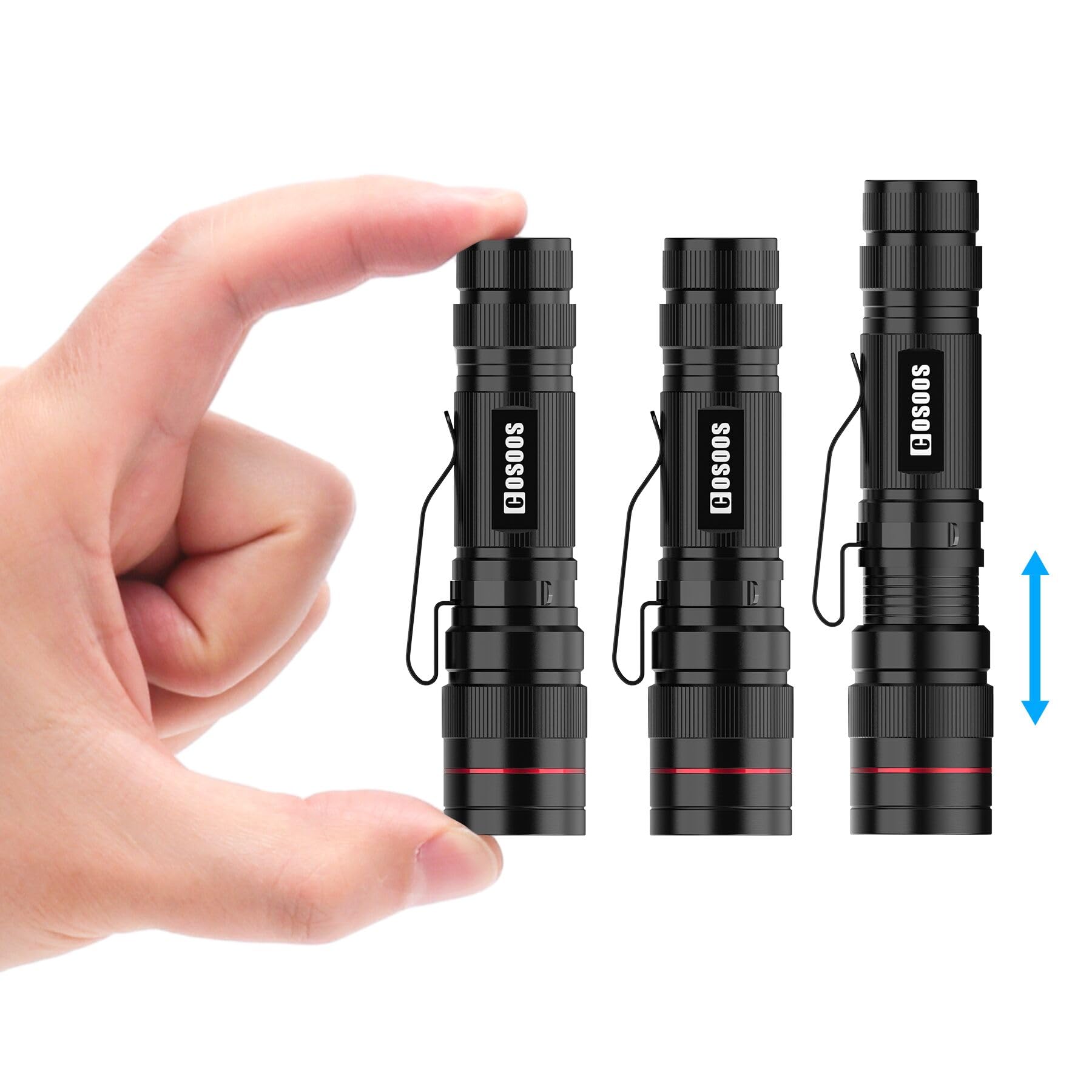 COSOOS 3 Mini LED Tactical Flashlights with Clip, 3.7inch Zoomable Bright AA Flashlight High Lumen, Pocket-Size Penlight, 1 Ligh