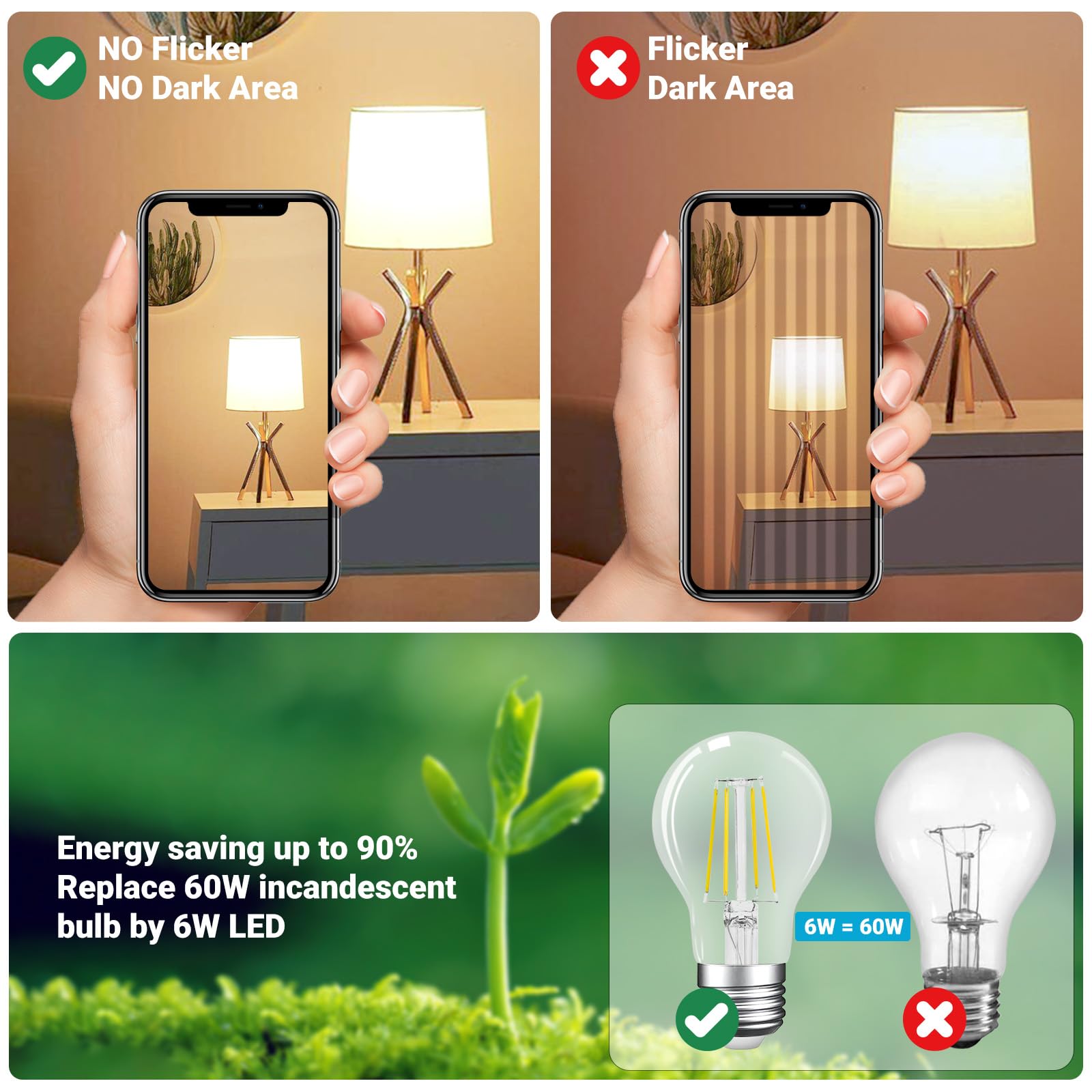 A19 E26 Base Dimmable Edison Led Bulb, 6W(60 Watt Equivalent) Stepless Dimming Light Bulbs 600Lm, 4000K Neutral White, Vintage C