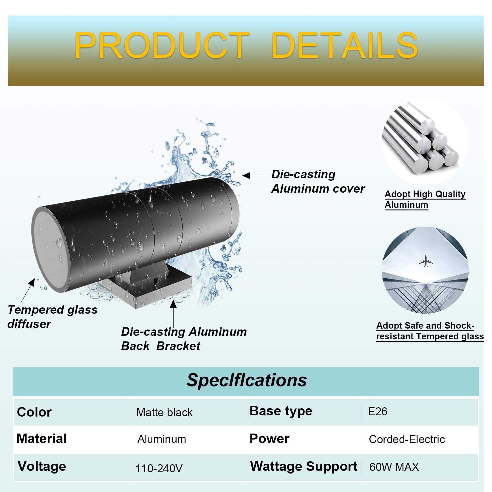 Tipace Modern Outdoor Porch Lights - Matte Black Cylinder Wall Fixtures, Dusk To Dawn Sensor, Aluminum, 2 Pack