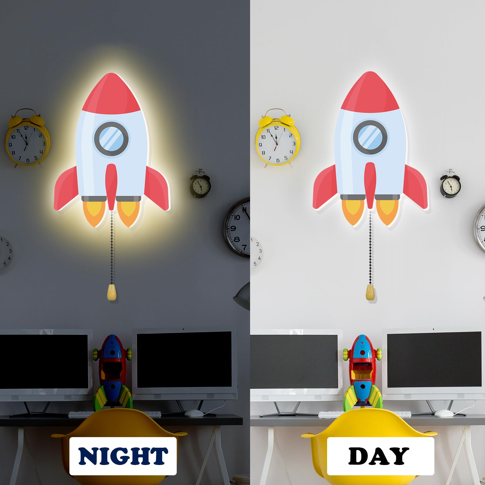 Aurelema Space Rocket Night Light Wall Lamp Sleeping Nursery Lighting Cute Floating Battery Operated Hanging Lamp For Baby Boys Girls Bedroom Room Nursery Wall Decorations