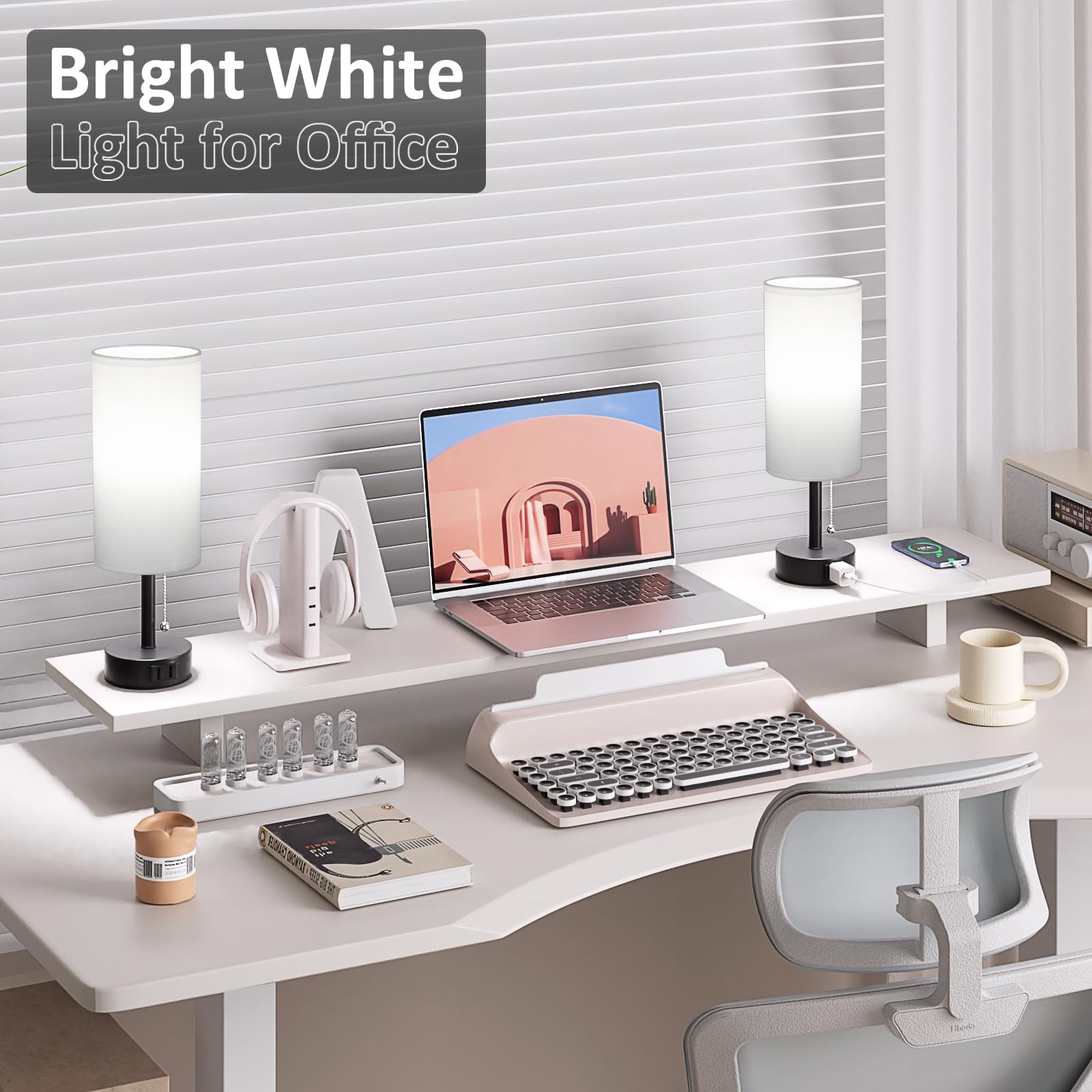 Fenmzee White Bedside Table Lamps Set of 2 with AC Outlet, 14in Pull Chain, E26 LED Bulbs, Round Night Stand Lighting for Bedroom Office