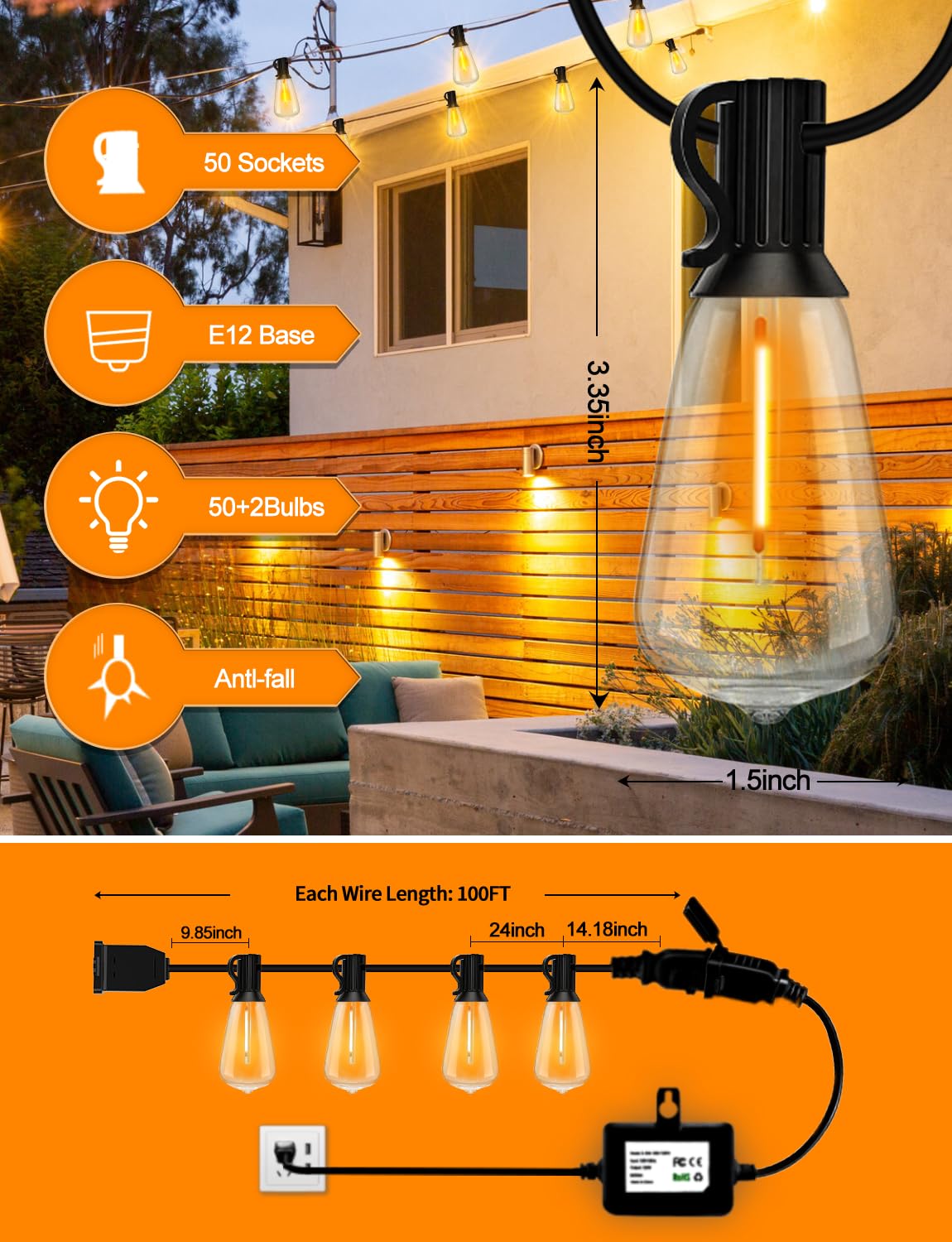 100Ft Outdoor String Lights With Remote Patio Lights For Outside 52 Shatterproof Waterproof St38 Edison Bulbs, Dimmable String L