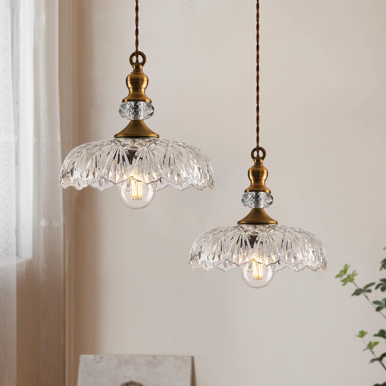 Vintage Glass Pendant Light Fixture 2-Pack Brass Modern Adjustable Chandelier Farmhouse Hanging Ceiling Light for Hallway Porch 