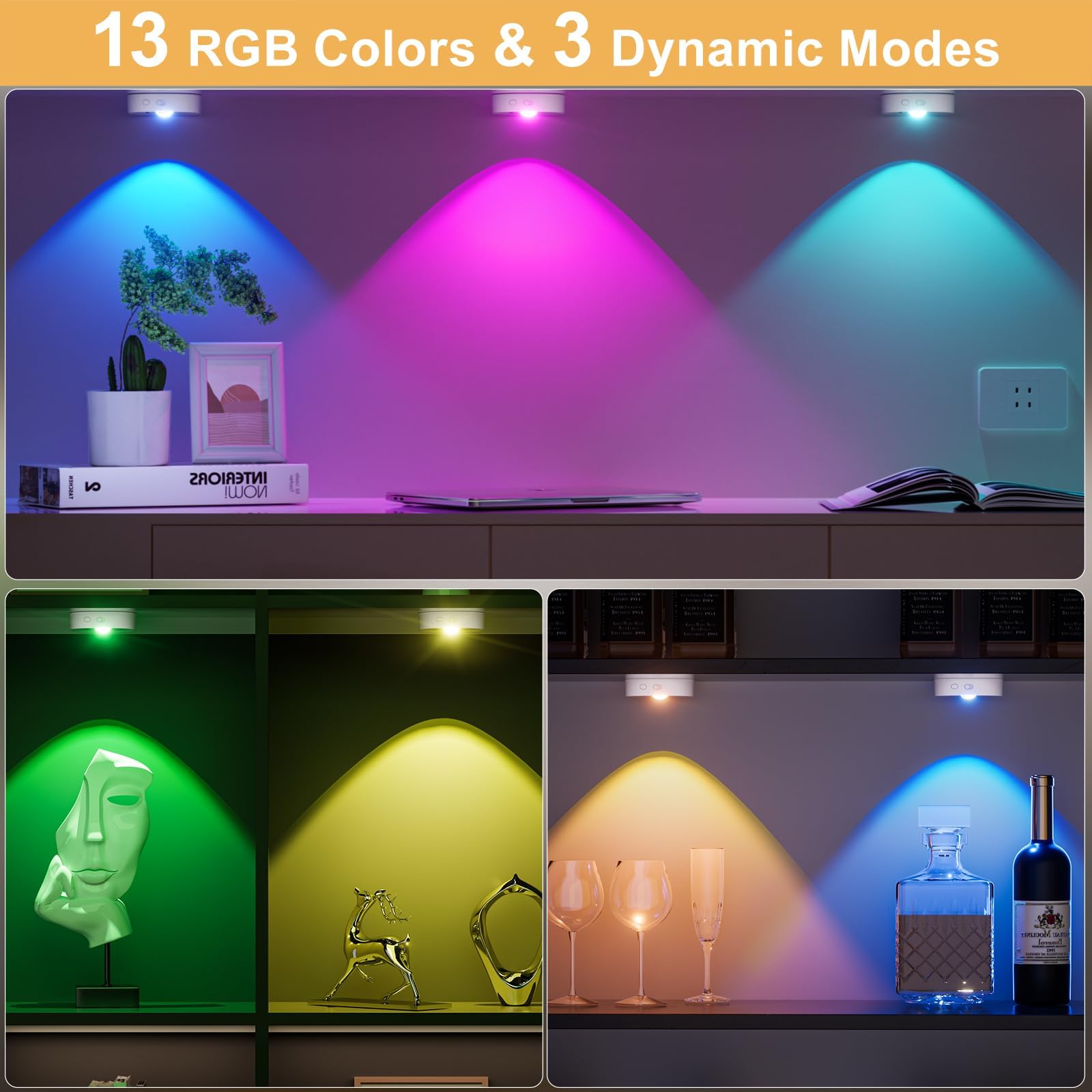 HOMEBEST Puck Lights with Remote, 13 RGB Colors, Rechargeable, Wireless Tap Light, White 6 Pack, Model USHB-HL05-WH6P-VR12