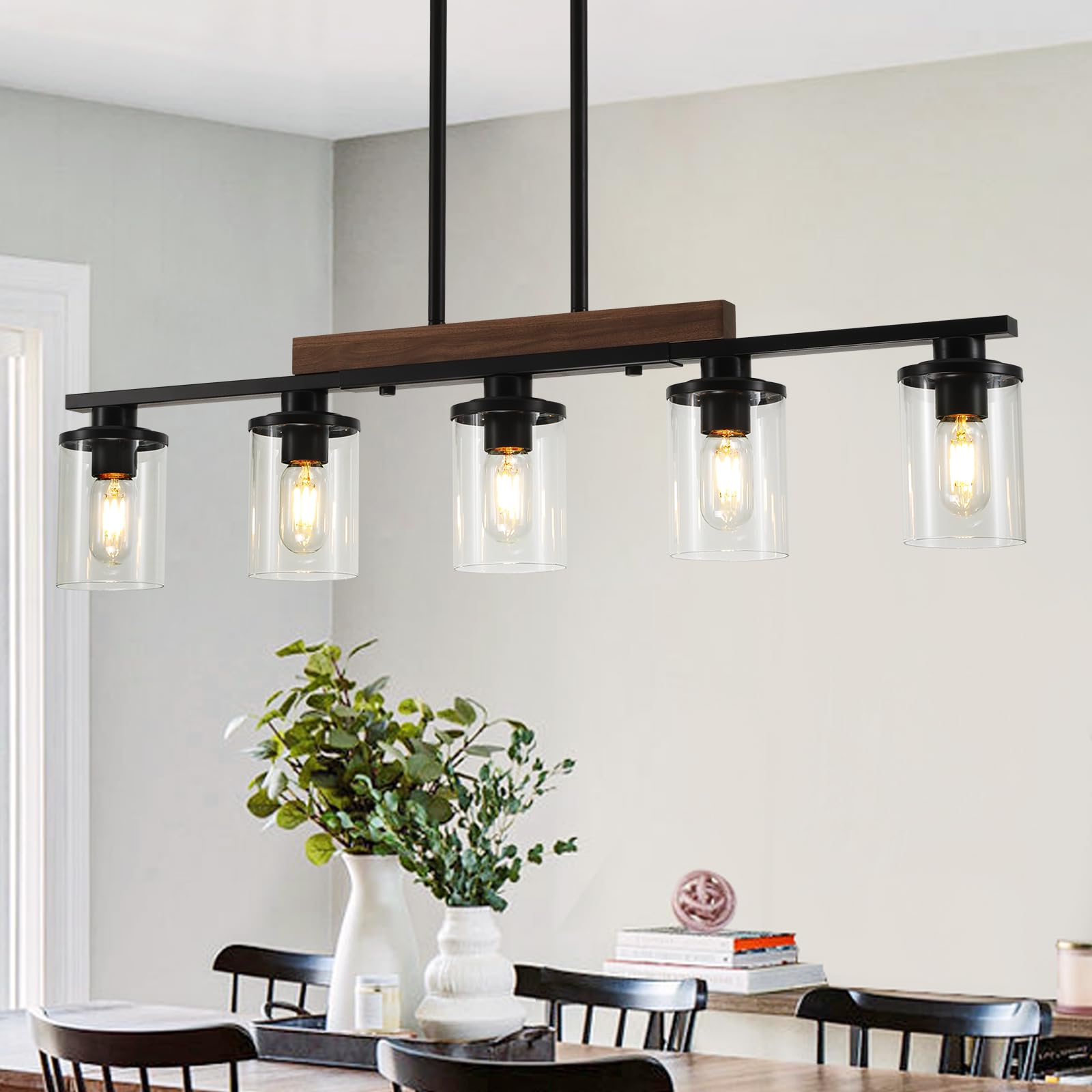 Kitchen Island Lighting,5-Light Dining Room Light Fixture/Chandelier Over Table,Black Modern Rustic Wood Ceiling Pendant Light F