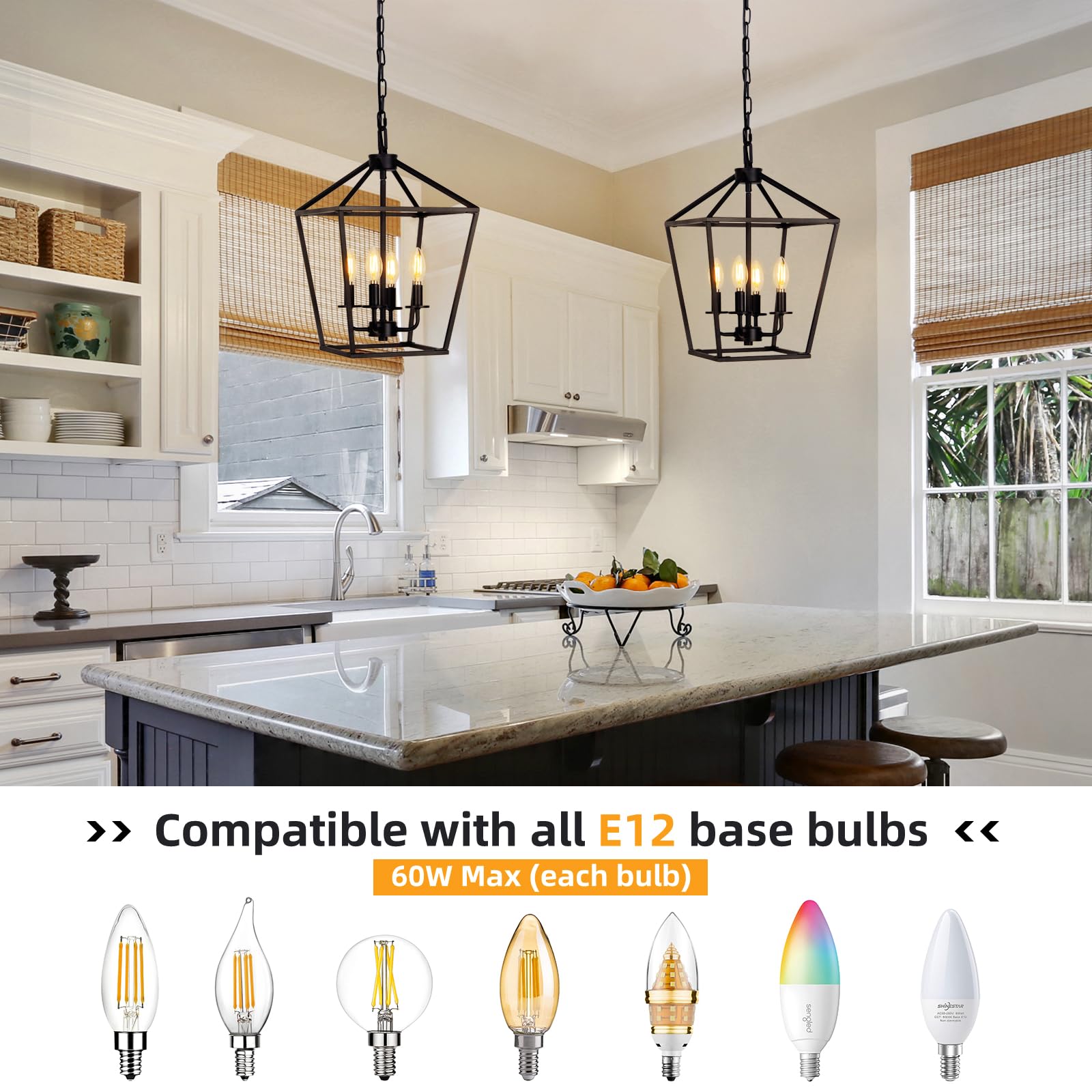 Seaside Village 4 Light Pendant - Industrial Black Lantern Chandelier, Metal Cage, Adjustable Height for Kitchen, Bedroom, or Entryway