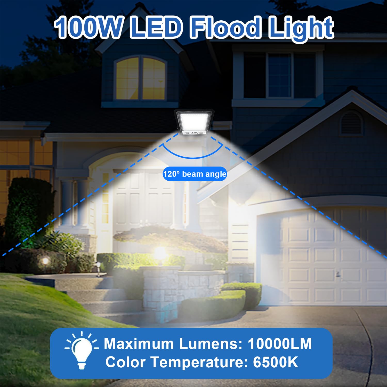 CREATESTAR 100W LED Flood Light Outdoor - 10000LM, IP66 Waterproof, Black, 2 Pack, Model CHX-FL-A, 6500K Security Light