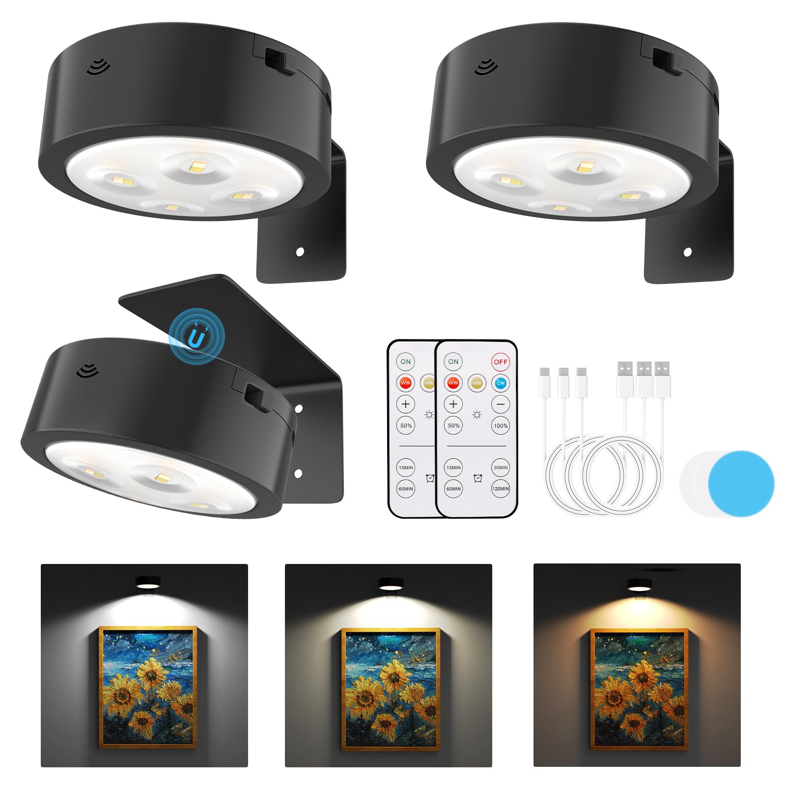 3 Pack Picture Lights for Wall, Rechargeable Battery Operated wall lights, Picture Frame lights with 3 Lighting Modes, Wireless 