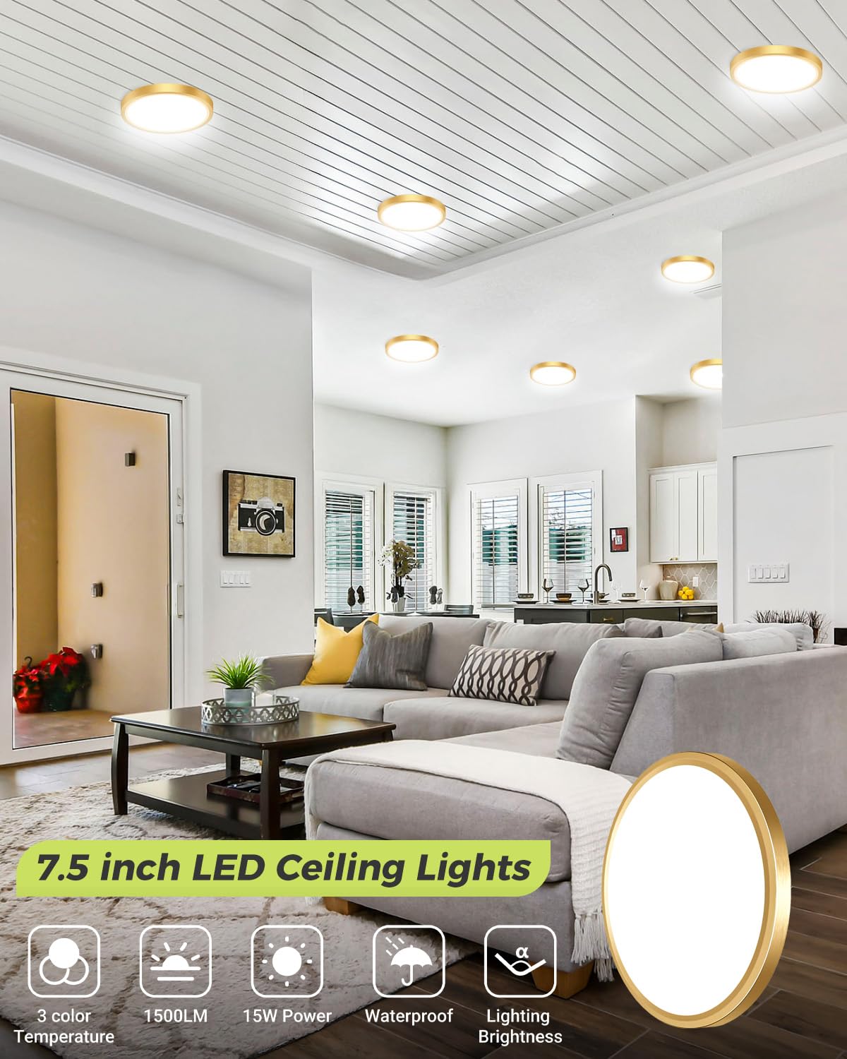 Hepside 6-Pack LED Flush Mount Ceiling Light, 3CCT 3000K-4000K-6500K, 15W 1500Lm, 7.5