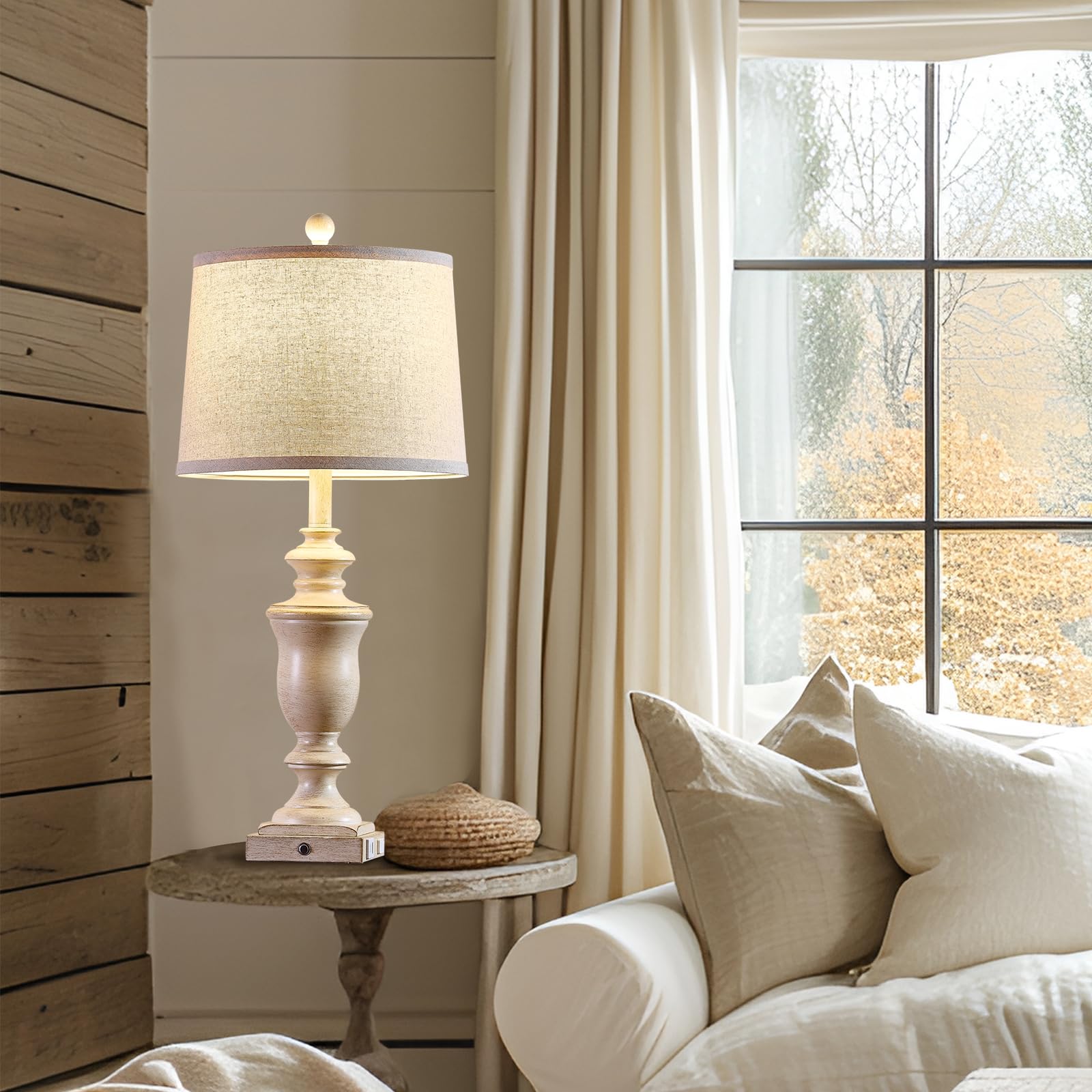 SAIWEYA Farmhouse Table Lamps Set of 2, 3 Way Dimmable, USB & AC Outlet, 27.5in, Antique Beige, Model TM-T04
